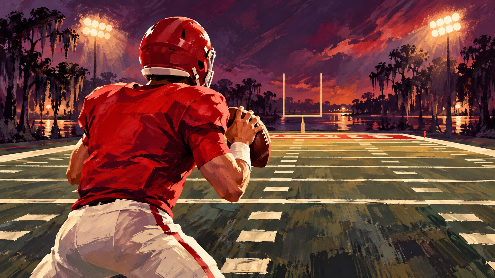 Editorial illustration: An anonymous plain red-shirted quarterback leading a drive; not a photograph of the event or an official product depiction.