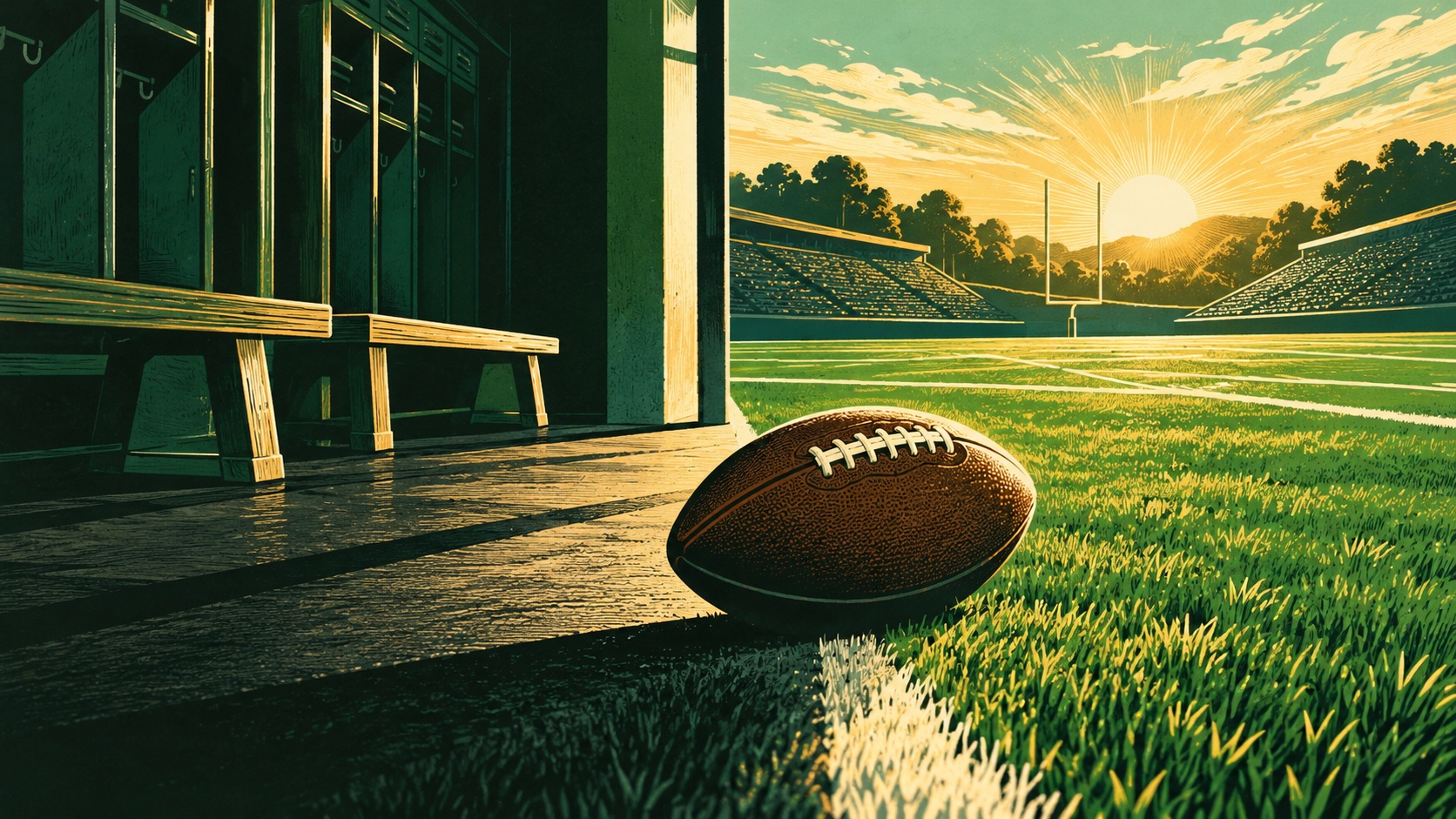 Editorial illustration: A plain American football beside a split field transitioning from shadow into green morning light, two empty locker-room benches showing a reset; not a photograph.
