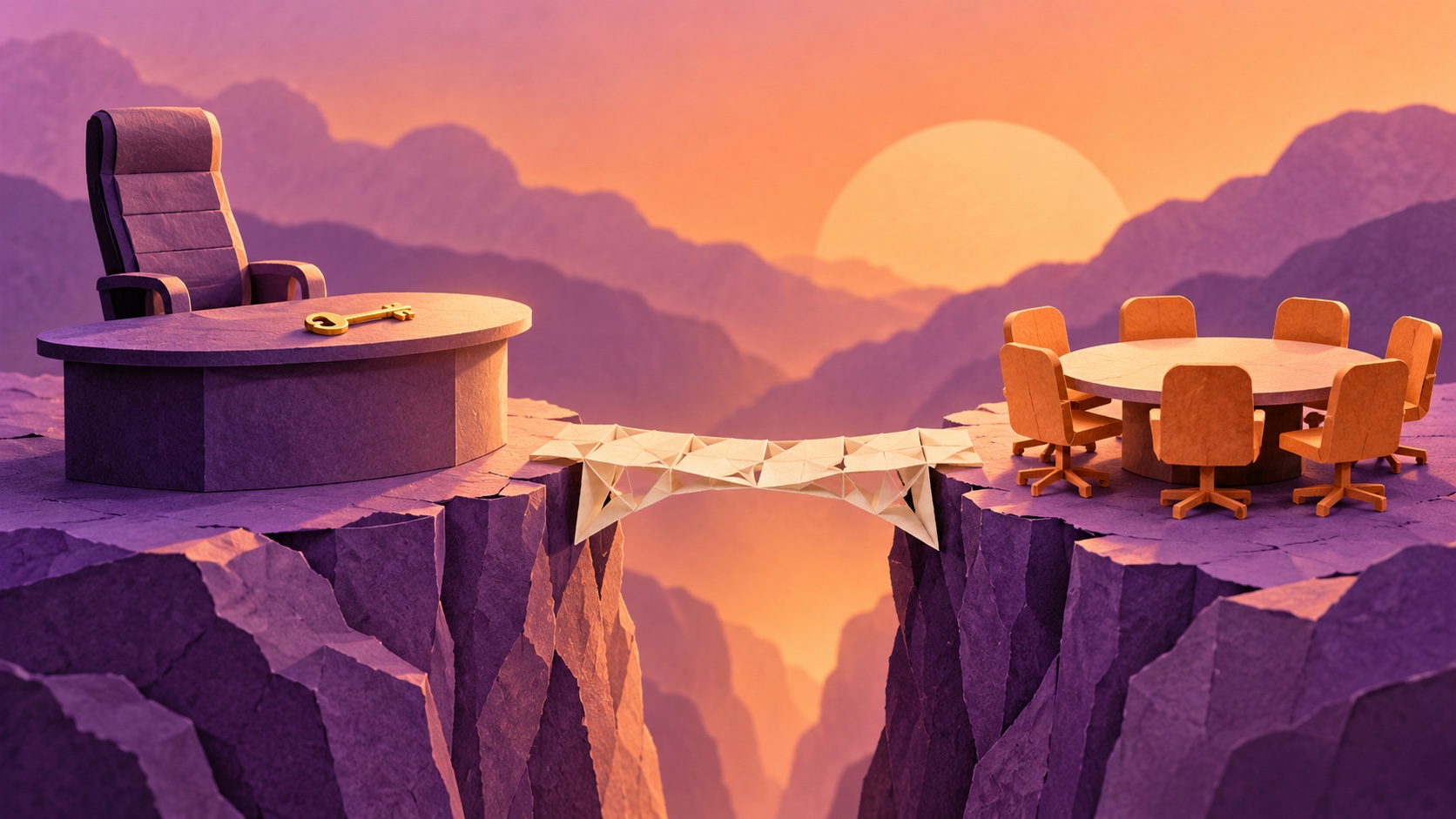 Editorial illustration: An empty executive chair balanced opposite a circle of smaller employee chairs around a round table, purchase key on the desk and a fragile paper bridge between them; not a photograph.
