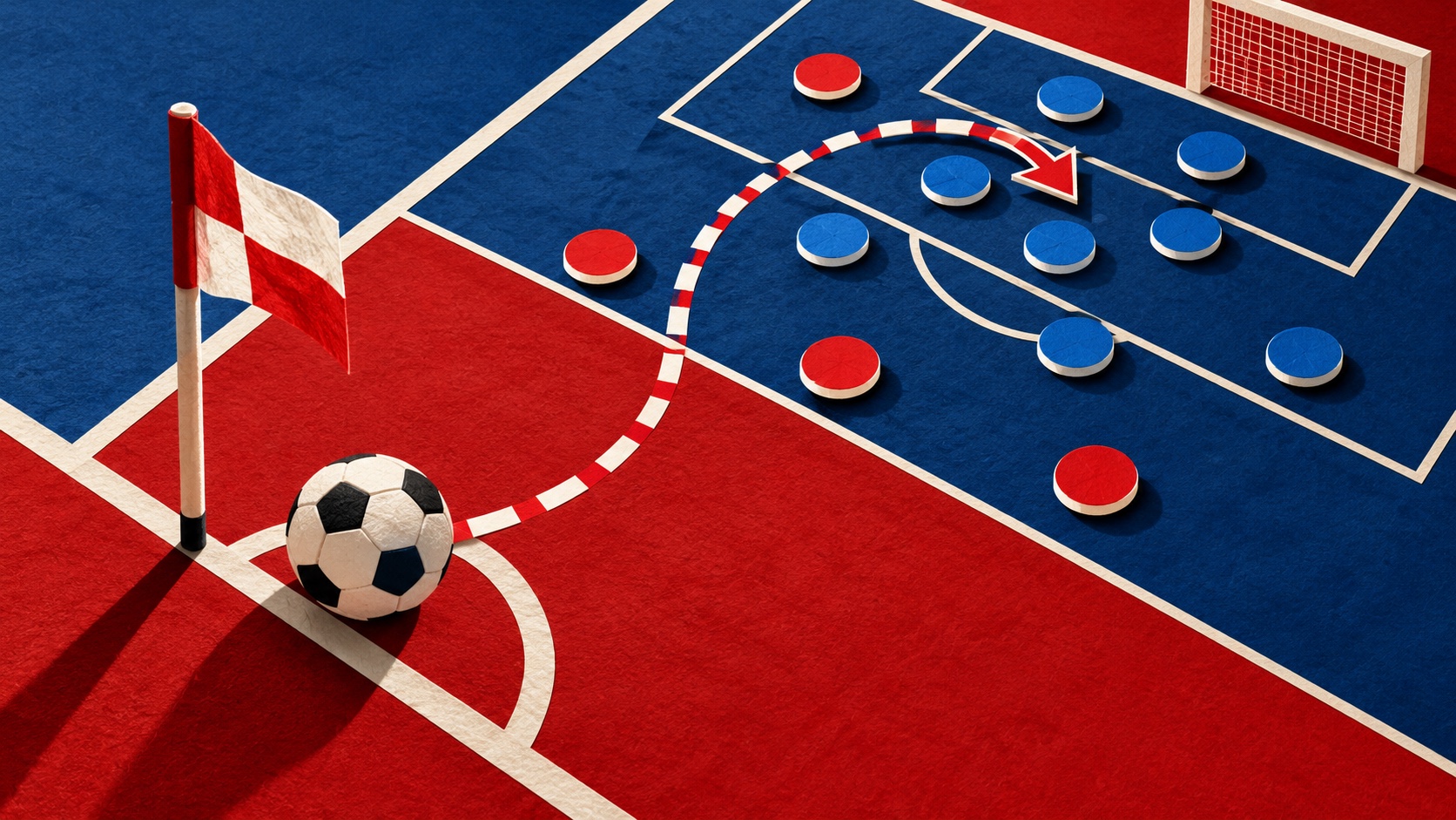Editorial illustration: A corner flag beside a football with a red-white passing route curling into a blue defensive formation drawn as plain paper counters; not a photograph of the event or an official product depiction.