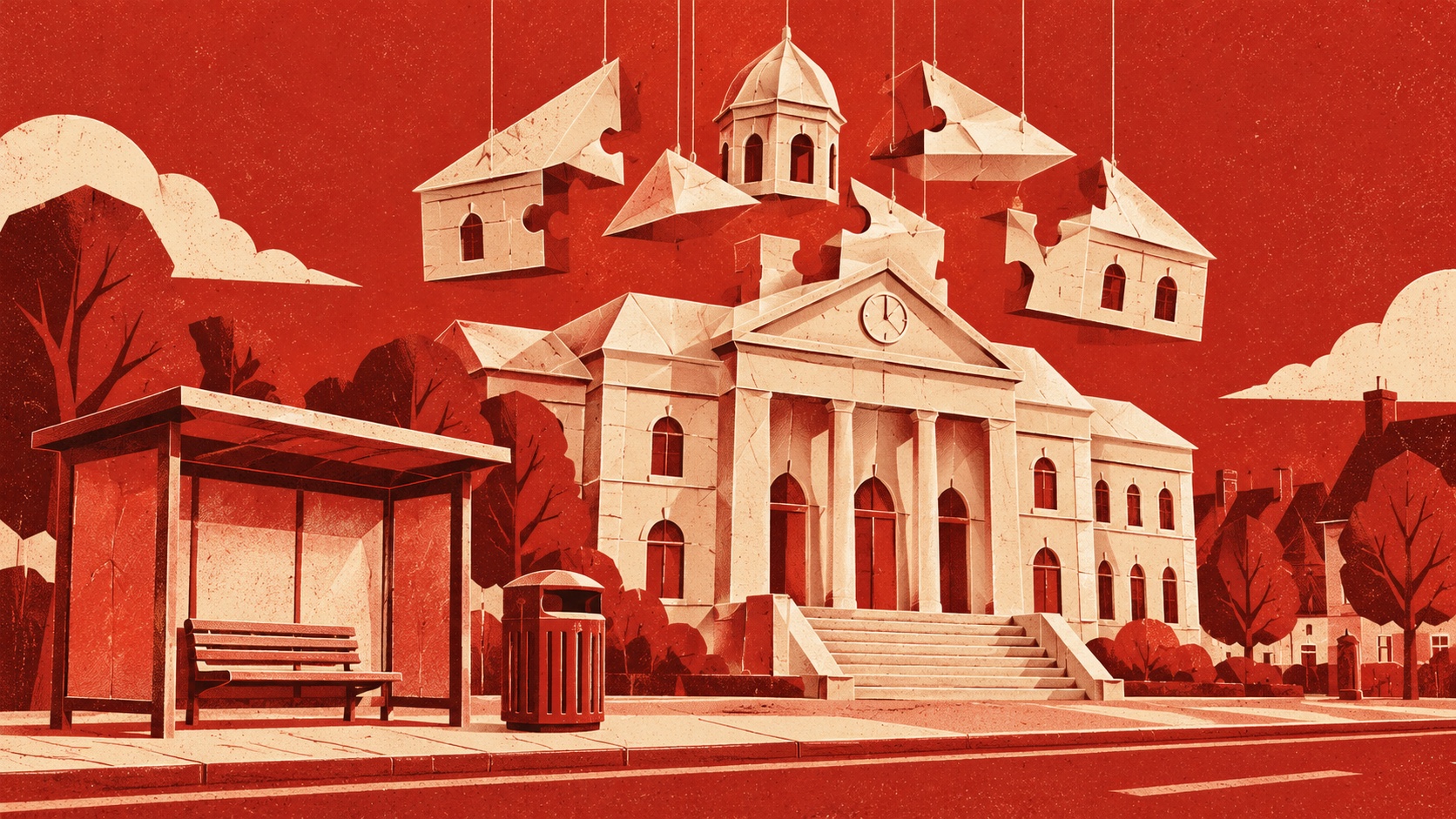 Editorial illustration: A town hall built of folded paper with a suspended rearrangement puzzle, a bus shelter and waste bin in foreground representing everyday council services; not a photograph.