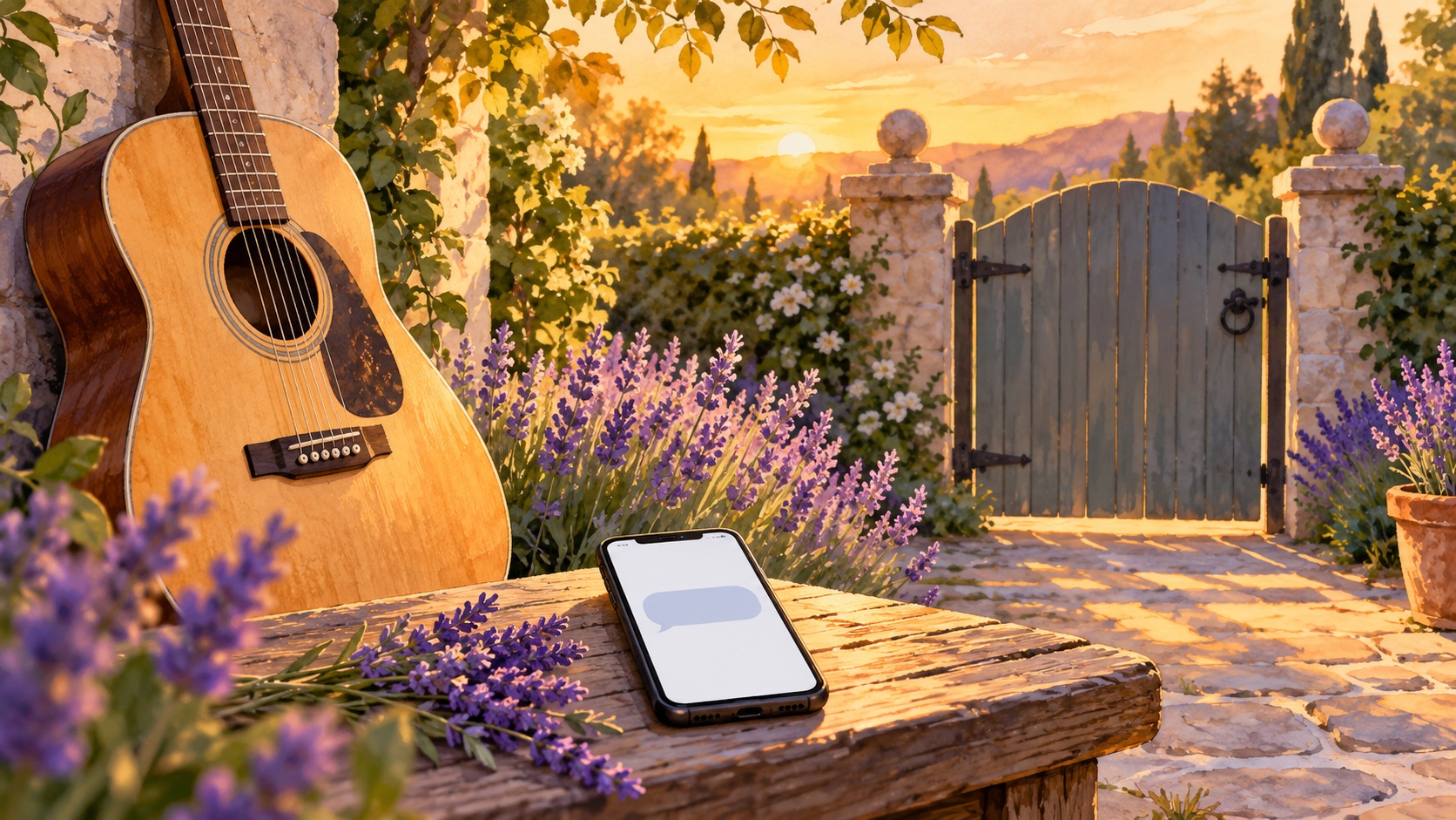 Editorial illustration: A plain acoustic guitar beside an unbranded phone with an empty message bubble, a closed garden gate and quiet lavender flowers, privacy and family boundaries not an obituary portrait; not a photograph.