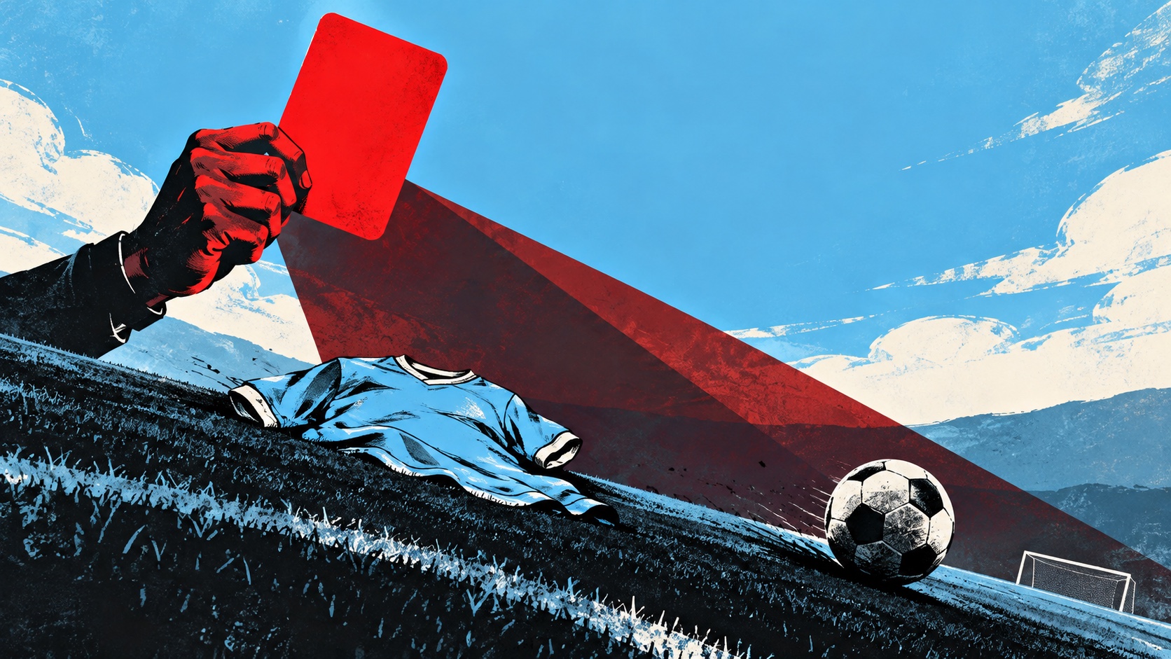 Editorial illustration: A plain red referee card casts a long shadow over a light-blue football jersey and a ball rolling downhill on a stylized pitch; not a photograph.