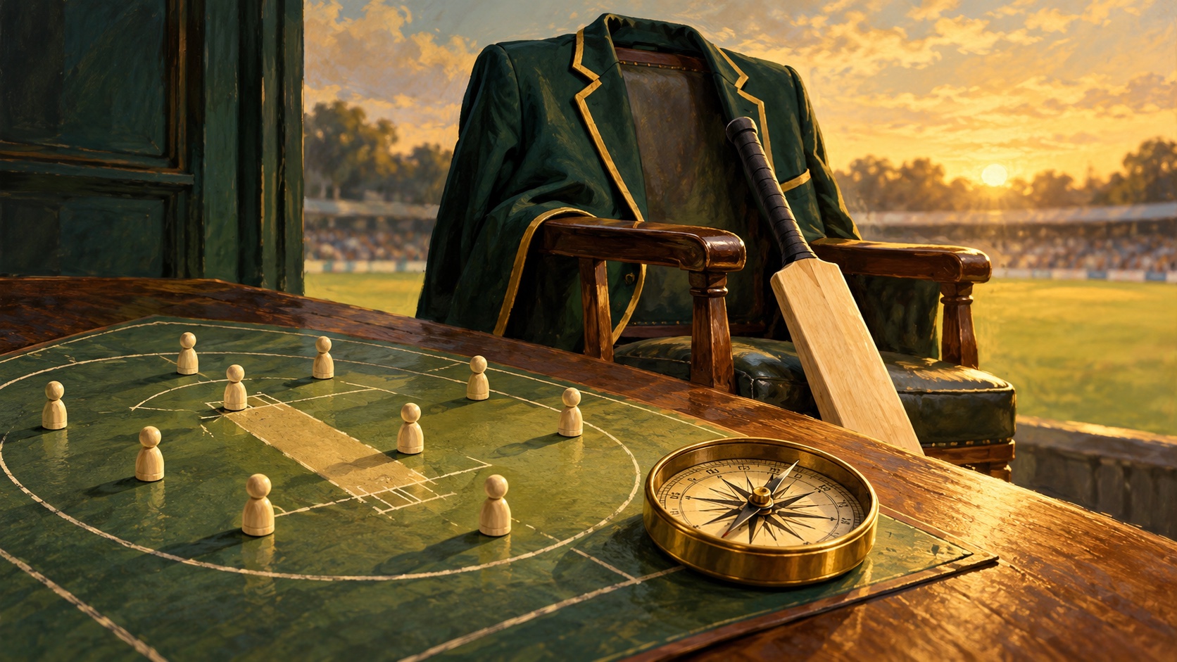 Editorial illustration: A plain cricket bat leaning against a captain's empty blazer chair, a brass compass on a pitch diagram and teammates represented by small neutral tokens; not a photograph.