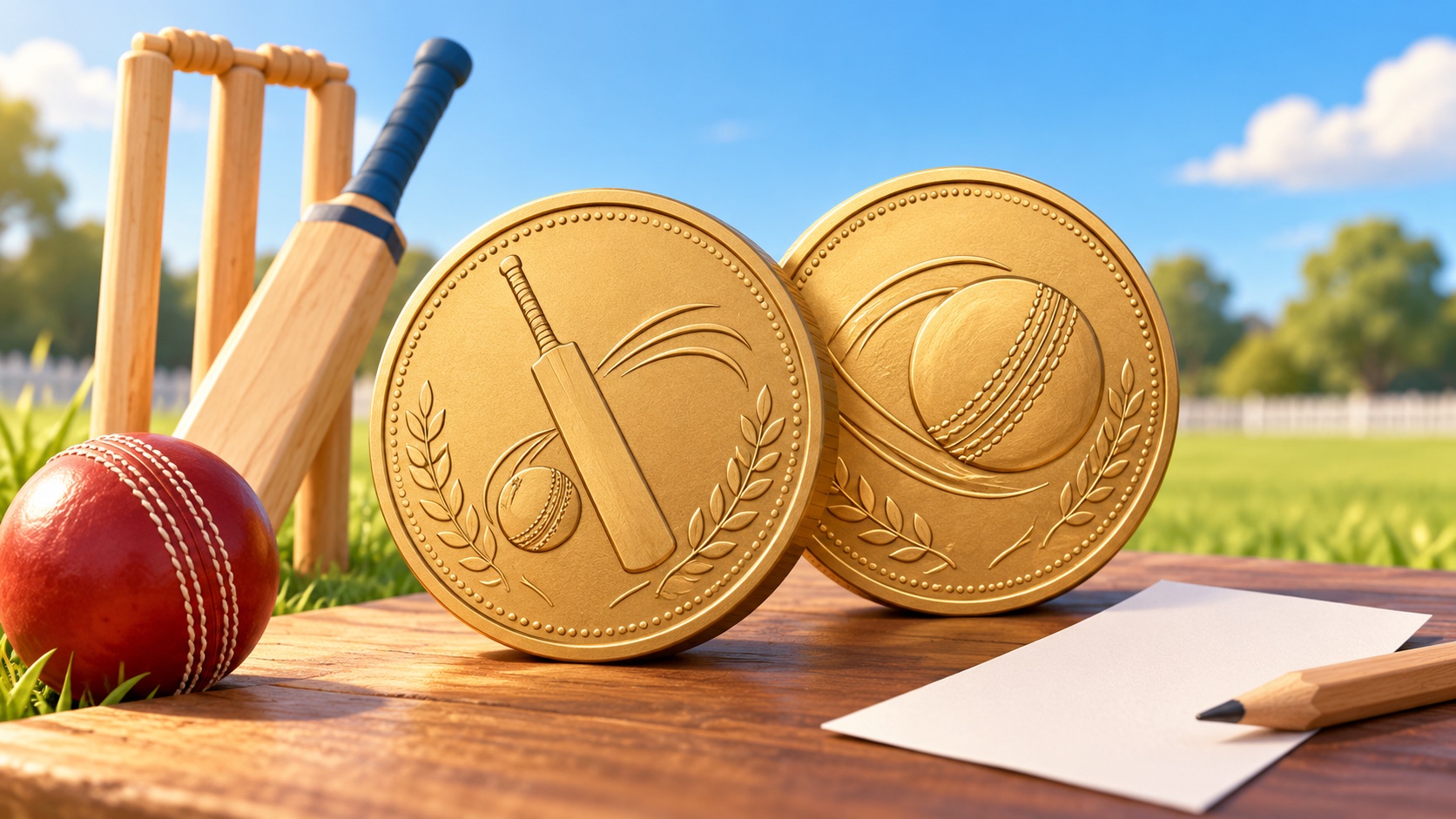 Editorial illustration: Two imagined plain commemorative coin discs with bat-and-ball engravings beside a child's cricket set and a blank ballot slip. No Bluey character; not a photograph of the event or an official product depiction.