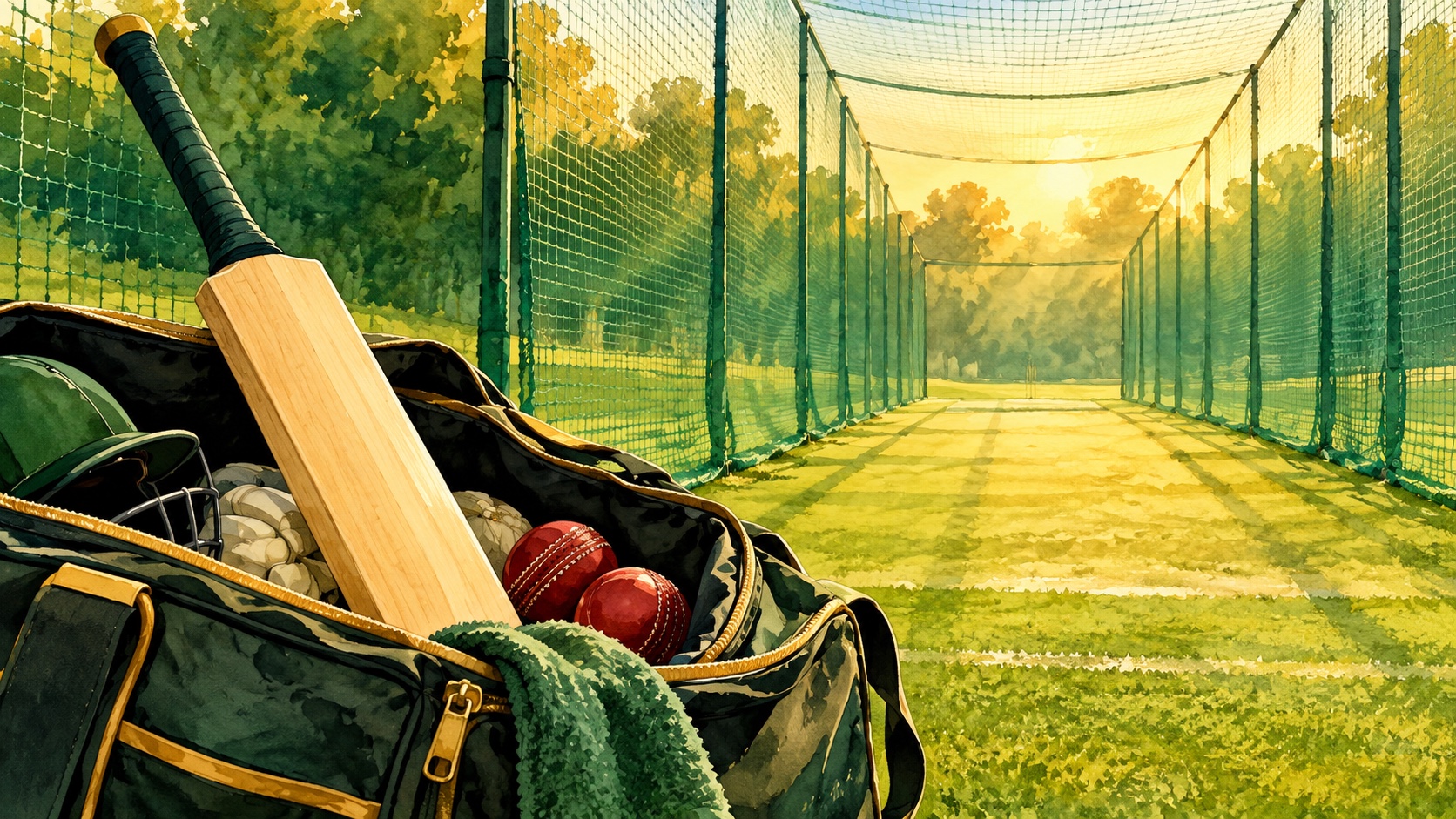 Editorial illustration: A plain cricket bat newly placed in a kit bag with practice balls and a long empty batting net extending ahead, selection as the start of work; not a photograph.