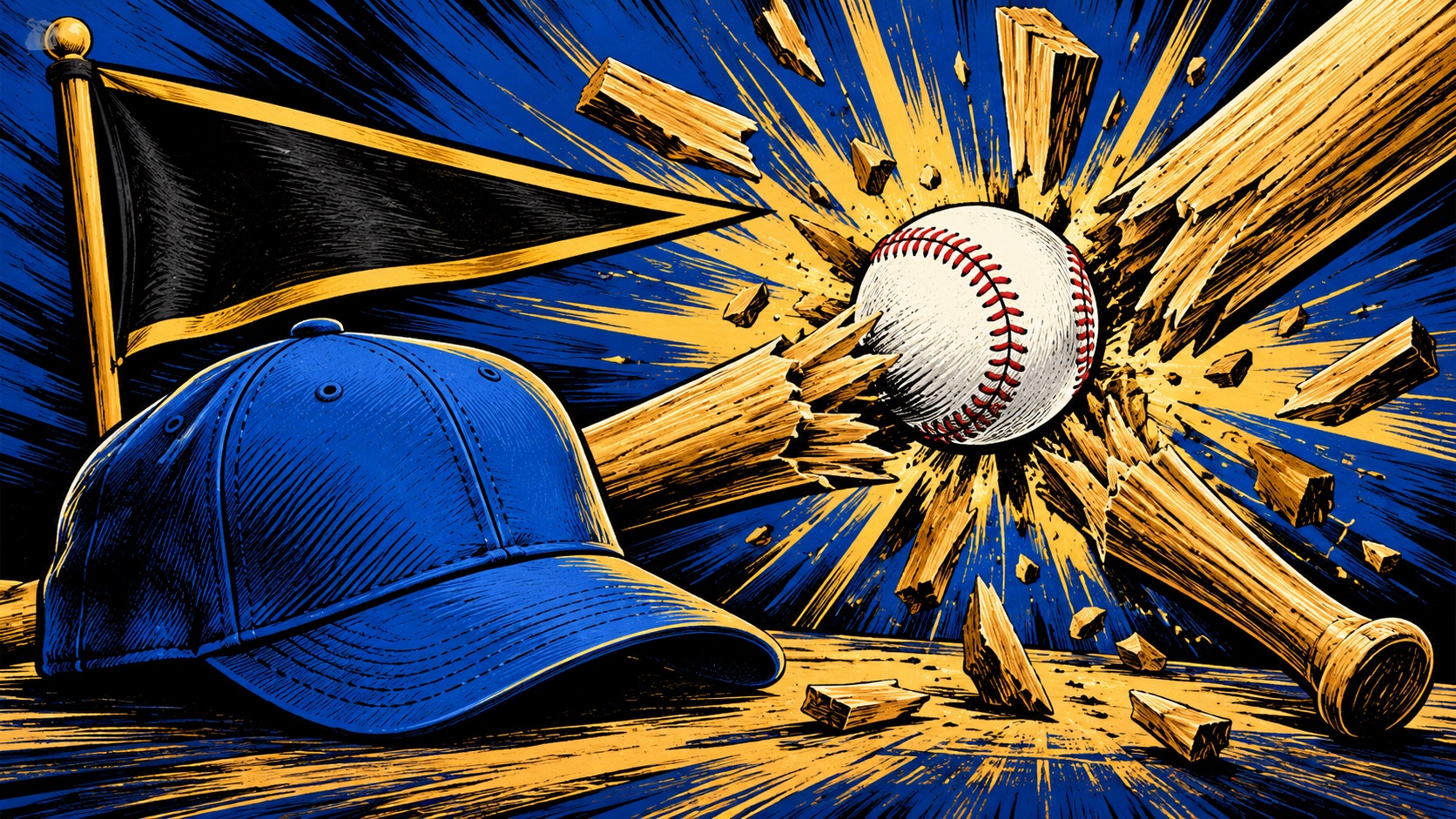 Editorial illustration: A blue baseball cap with no badge beside a black-gold pennant and a white ball hitting a broad radial burst of wooden bat fragments; not a photograph.