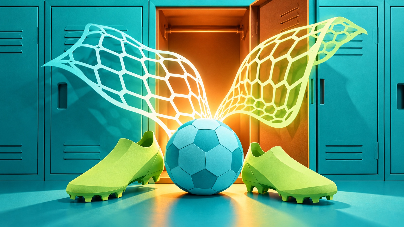 Editorial illustration: Two glowing paper net shapes emerging from a new empty locker, a plain cyan football and completely featureless cut-paper boots; not a photograph.