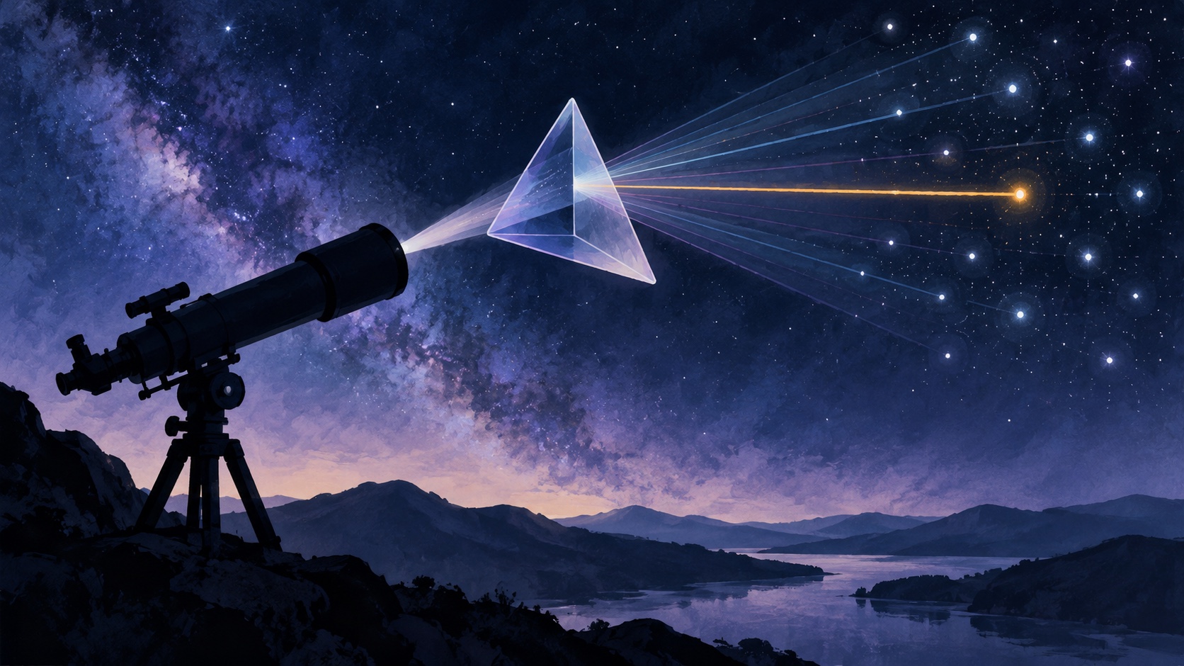 Editorial illustration: A telescope silhouette looking at a sparse star field through a translucent prism, one tentative amber light separated from many pale lights, possible signal not a proven discovery; not a photograph.