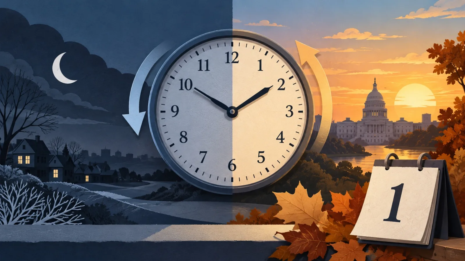 Editorial illustration of a clock between daylight and darkness with a symbolic US Capitol; not a photograph or a claim that legislation passed.