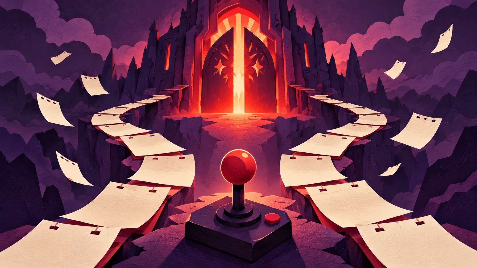 Editorial illustration: An imaginary hand-cut paper dungeon gate glowing crimson, blank calendar sheets forming a forked path to it and a plain arcade joystick; not a photograph.