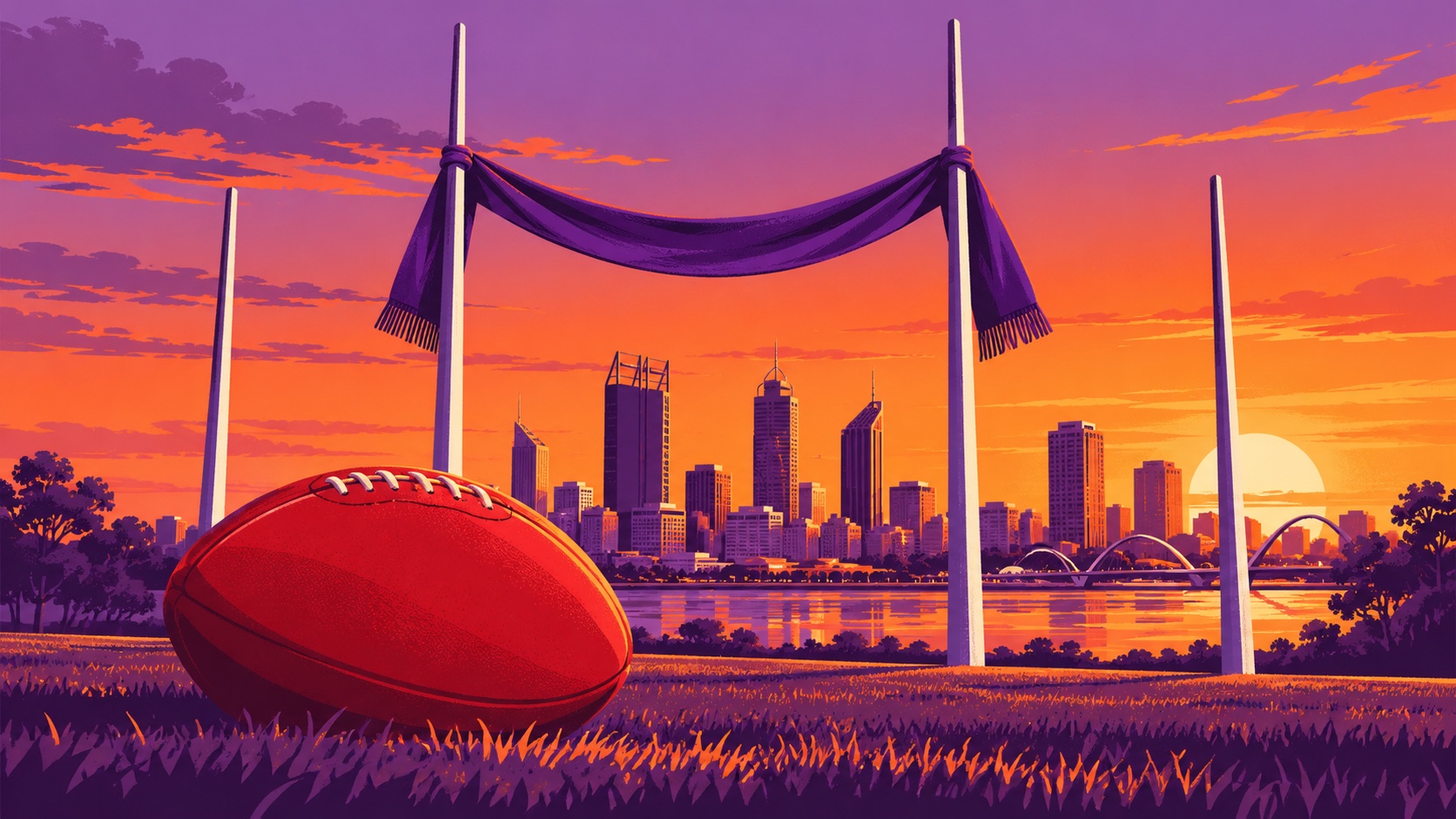 Editorial illustration: A plain purple scarf hanging between four tall goalposts, entirely blank red oval ball in foreground and angular Perth-inspired sunset skyline; not a photograph.