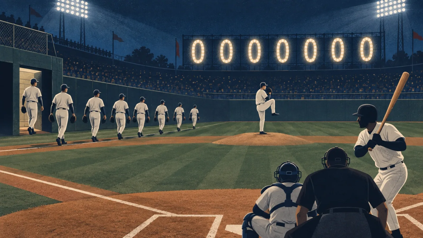 Editorial illustration of successive relief pitchers and scoreless innings; not a photograph of the Dodgers–Padres games or actual players.