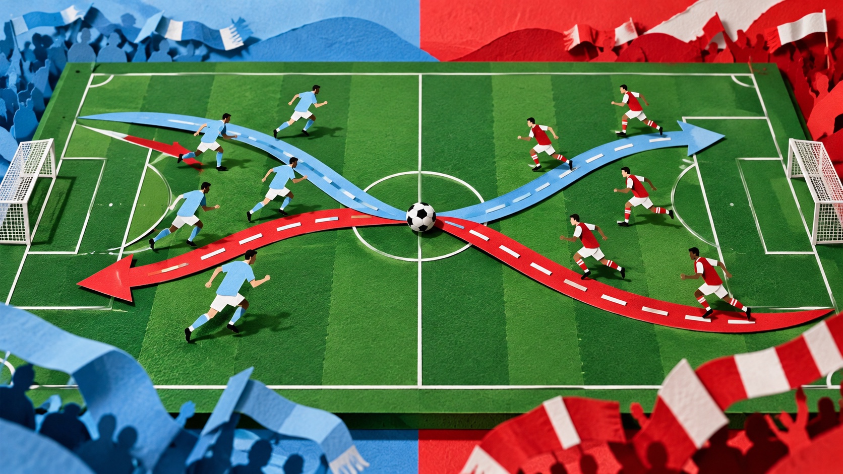 Editorial illustration: Two abstract attack paths crossing a miniature football pitch; not an event photograph or official product image.