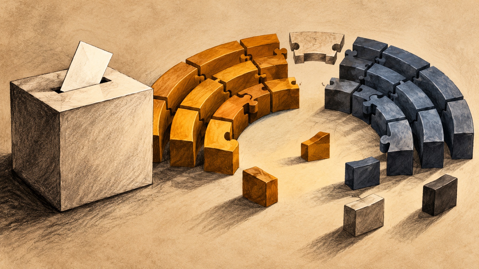 Editorial illustration: A plain ballot box next to puzzle blocks that must form a parliamentary semicircle, some separated seats and one incomplete bridge; not a photograph.