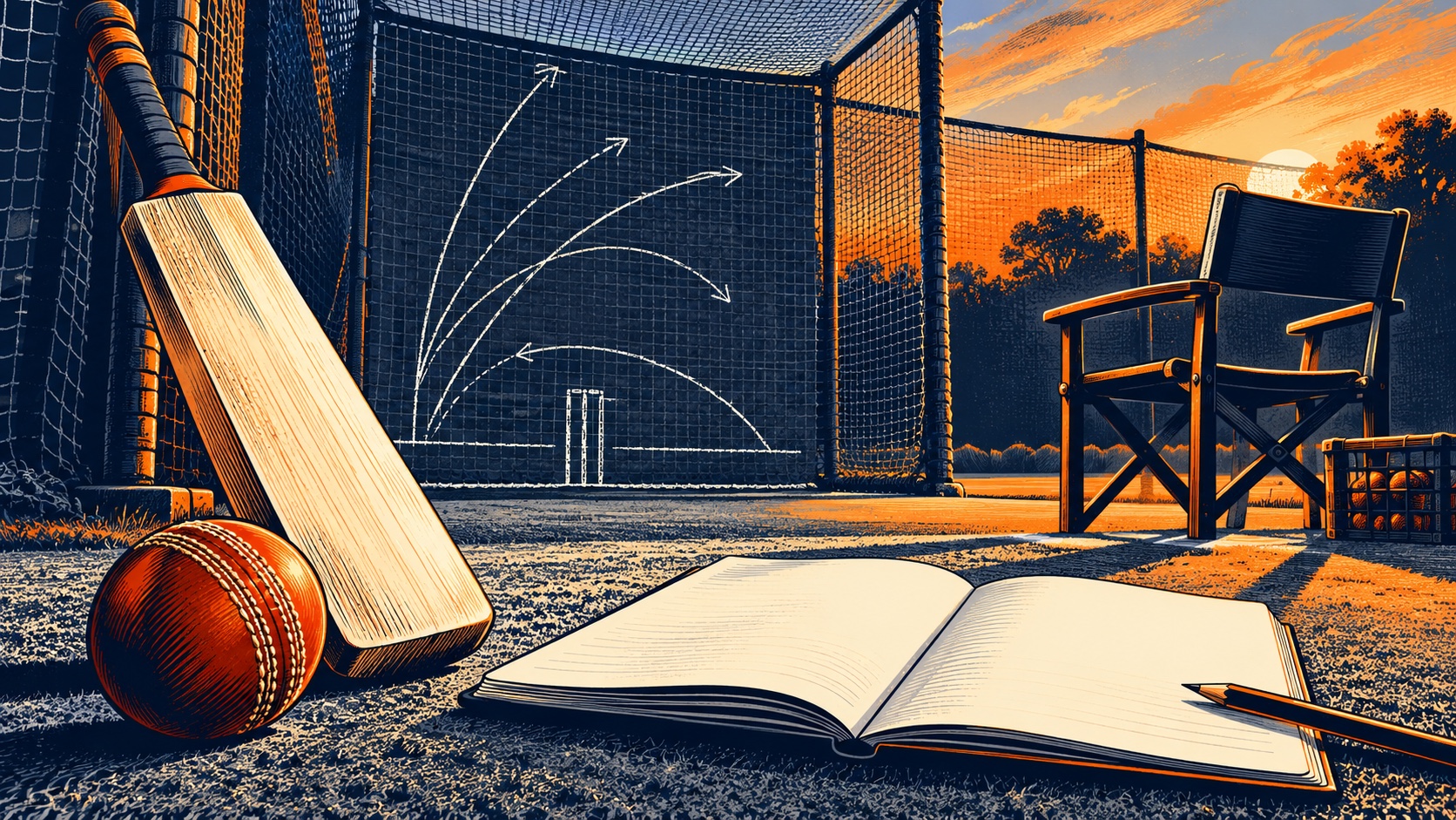 Editorial illustration: A plain cricket bat and ball beside an open blank notebook, chalk batting arcs on a practice net and a teacher's empty chair, coaching not celebrity depiction; not a photograph.