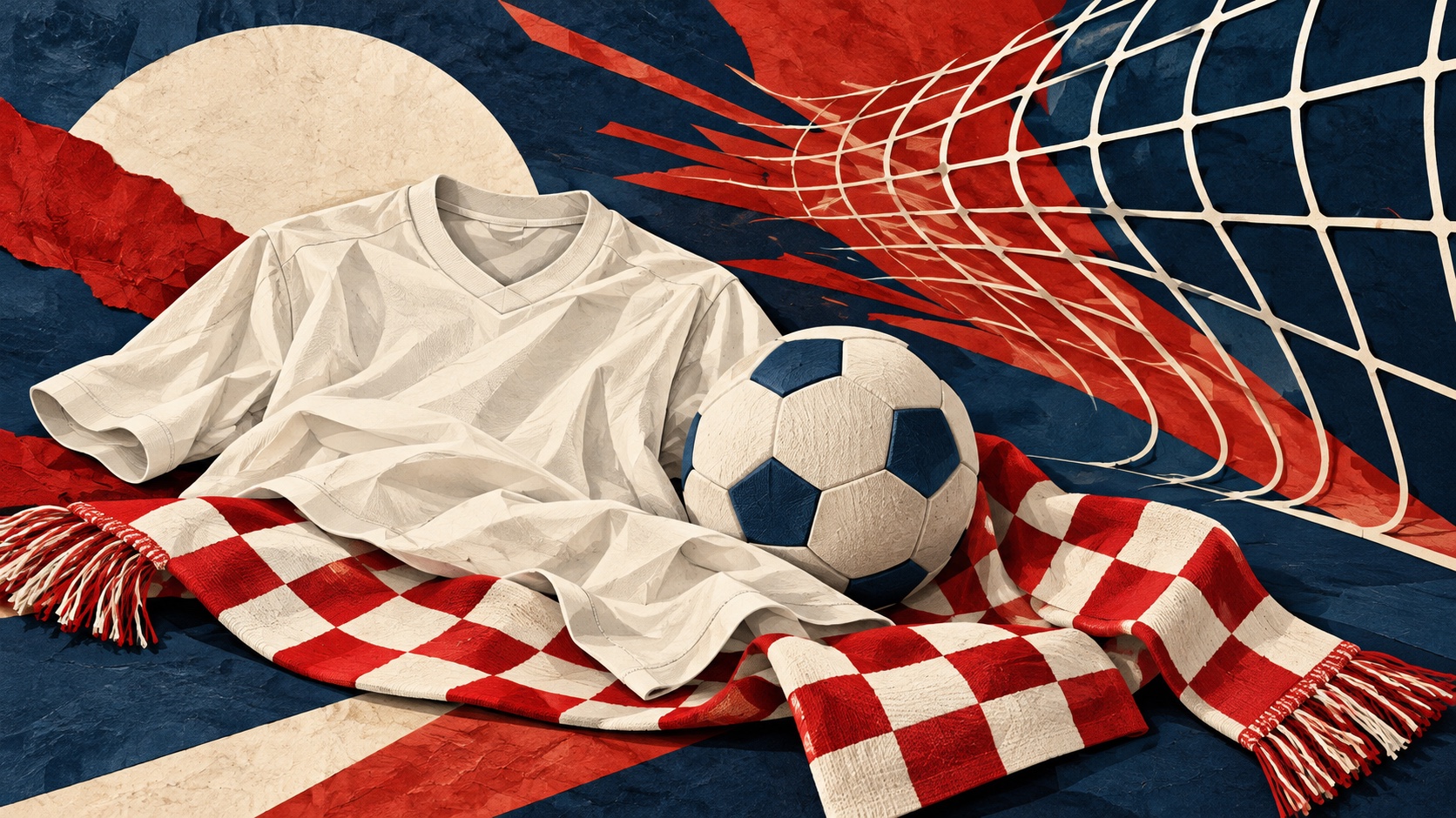 Editorial illustration: england routed croatia; a conceptual image, not a photograph of the event or actual people.