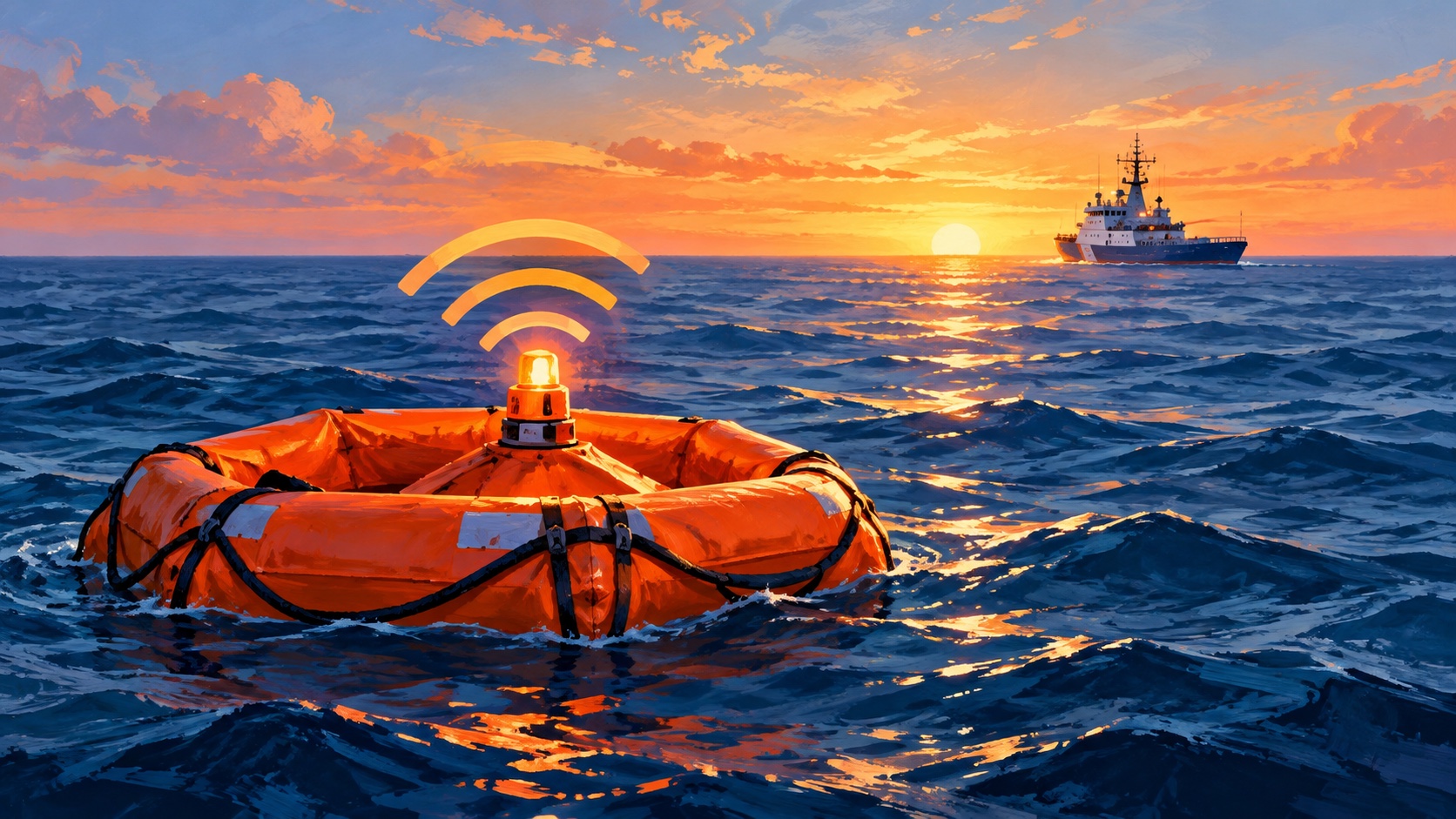 Editorial illustration: epirb ocean rescue; conceptual artwork, not an event photograph or official document.