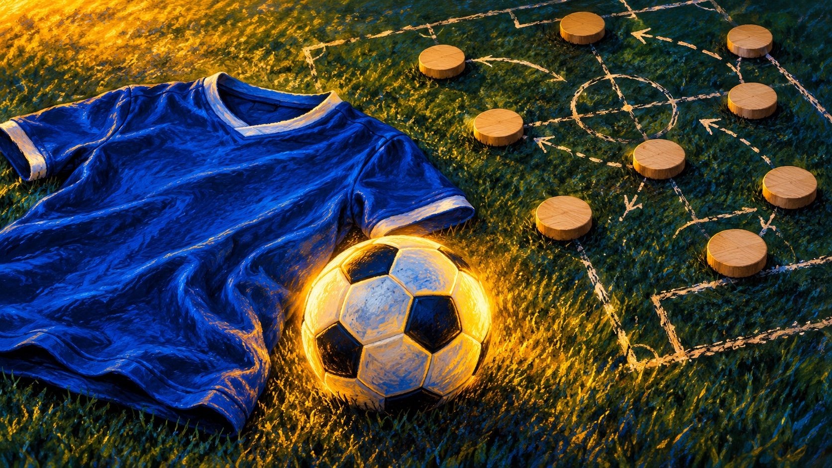 Editorial illustration: A blue unbranded football jersey beside a single glowing ball, an unfinished squad plan formed of empty wooden circles on grass behind; not a photograph.