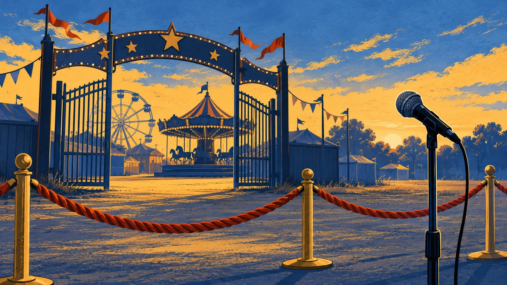 Editorial illustration: An empty rural fairground gate and carousel silhouettes separated from a plain microphone by a drawn safety boundary; not a photograph.
