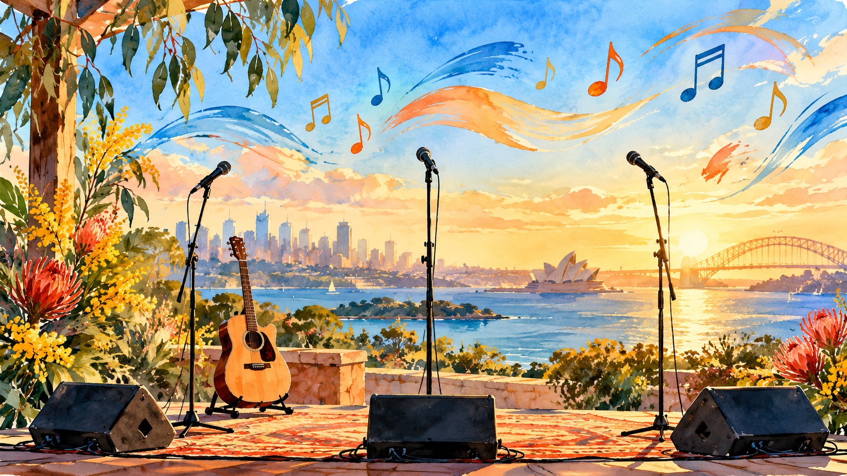 Editorial illustration: Three empty microphone stands with a guitar in a sunlit Australian-inspired outdoor venue, music notes abstract brushstrokes; not a photograph.