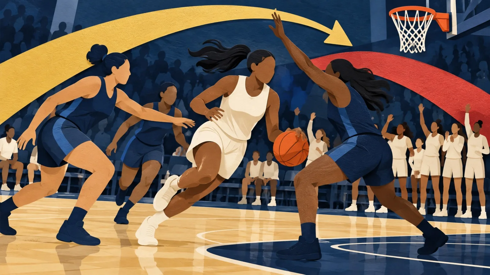 Editorial illustration of a women's basketball attack against a shifting defence; not a photograph of Fever–Lynx or identifiable players.