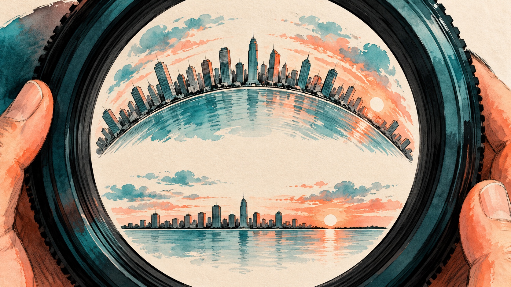 Editorial illustration: An entirely imaginary circular camera lens frames a hand-drawn curved cityscape and straight horizon comparison on blank paper; not a photograph.