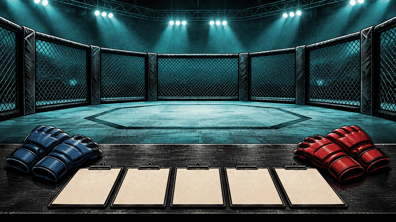 Editorial illustration: An empty mixed-martial-arts cage; not a photograph of the event or an official product depiction.