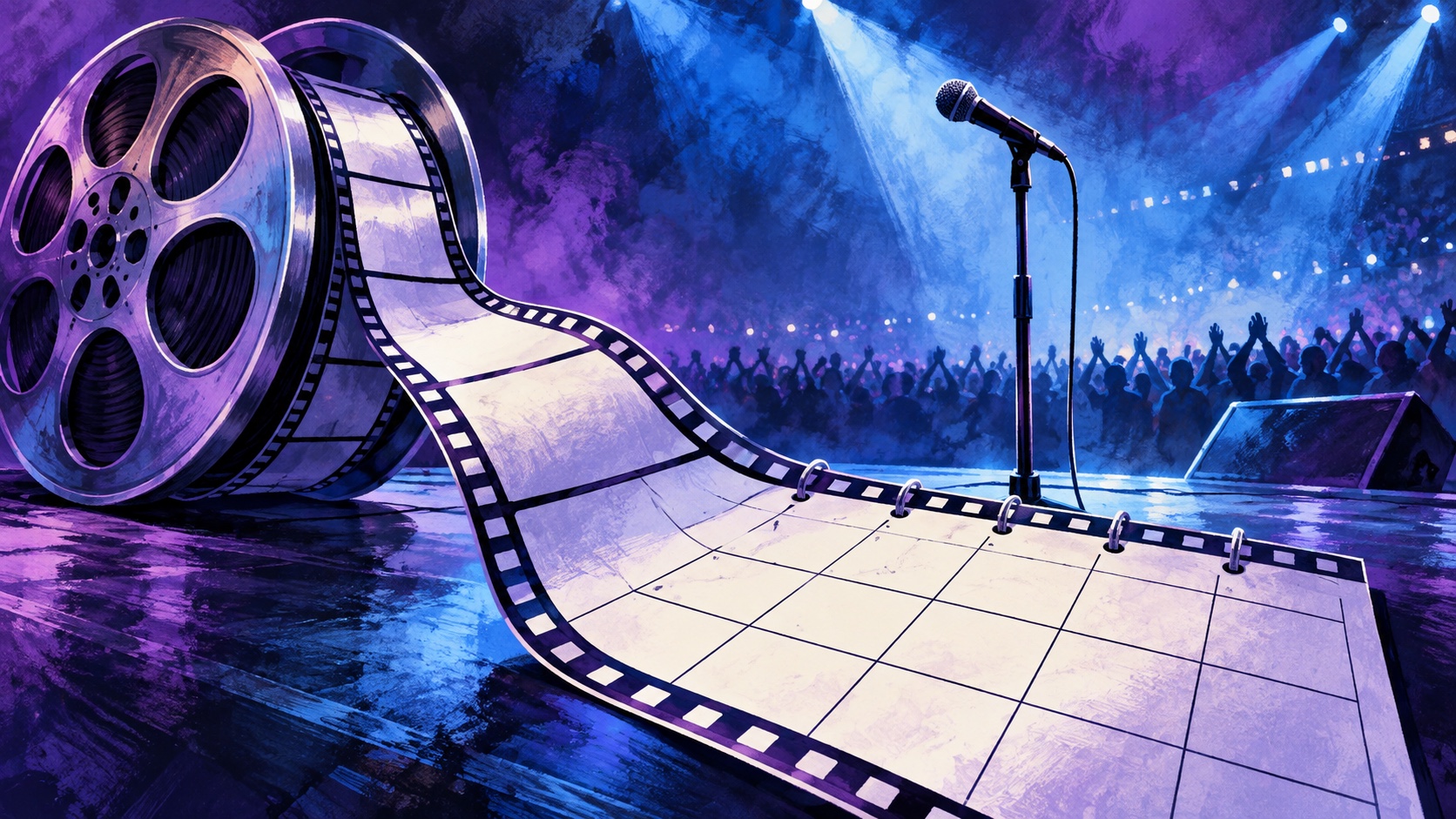 Editorial illustration: A film reel unspooling into a blank concert calendar, empty microphone and distant crowd silhouettes; not a photograph.