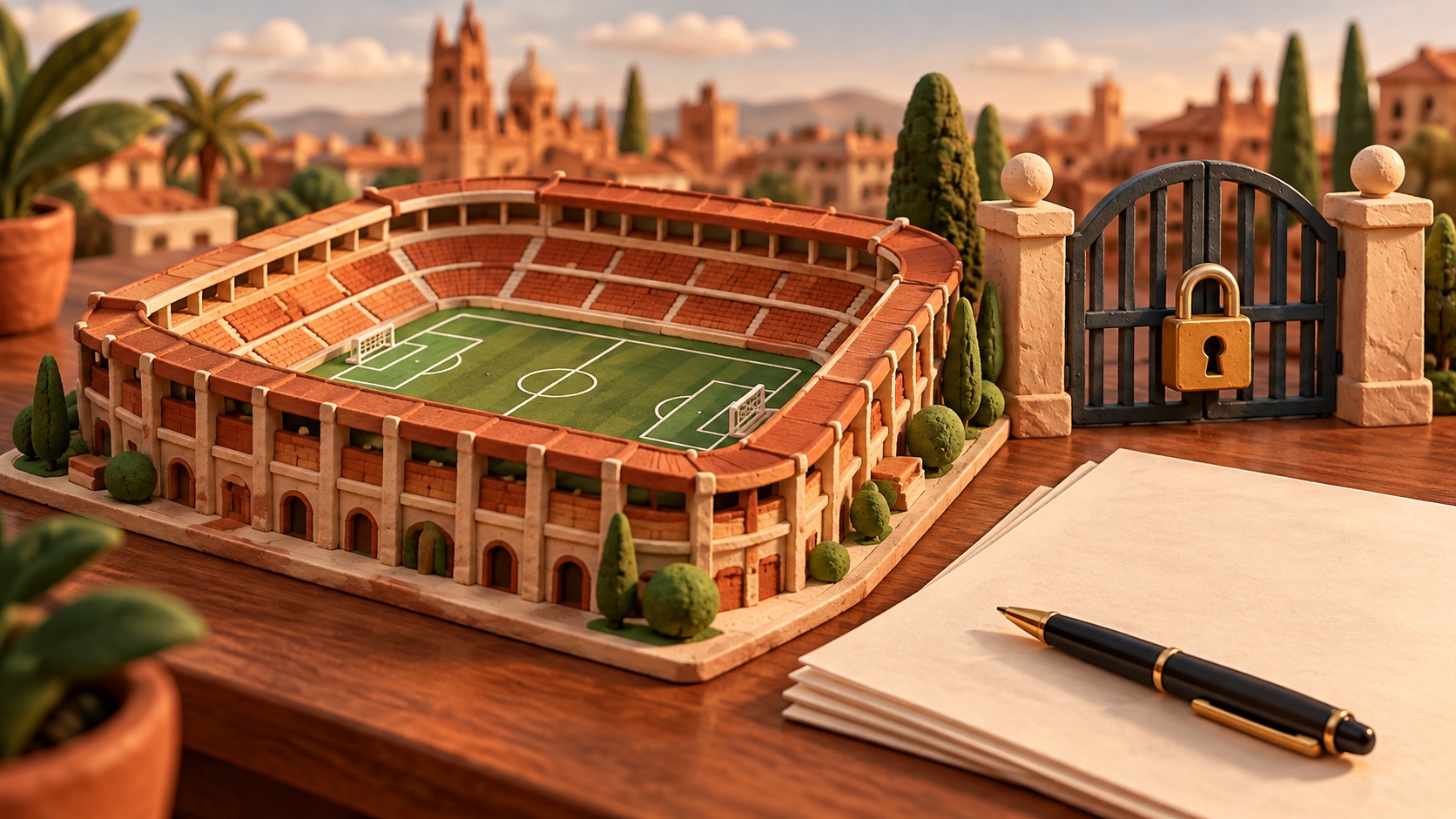 Editorial illustration: football club purchase approval; a conceptual image, not a photograph of the event or actual people.