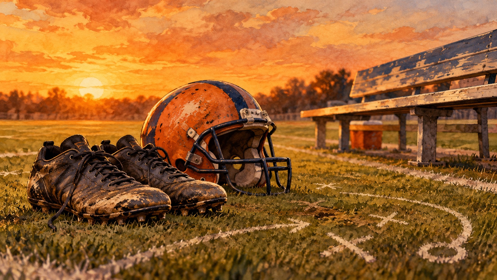 Editorial illustration: A pair of scuffed plain football boots beside an orange navy helmet and a faded empty team bench, supportive blocking paths drawn as simple arcs on turf; not a photograph.