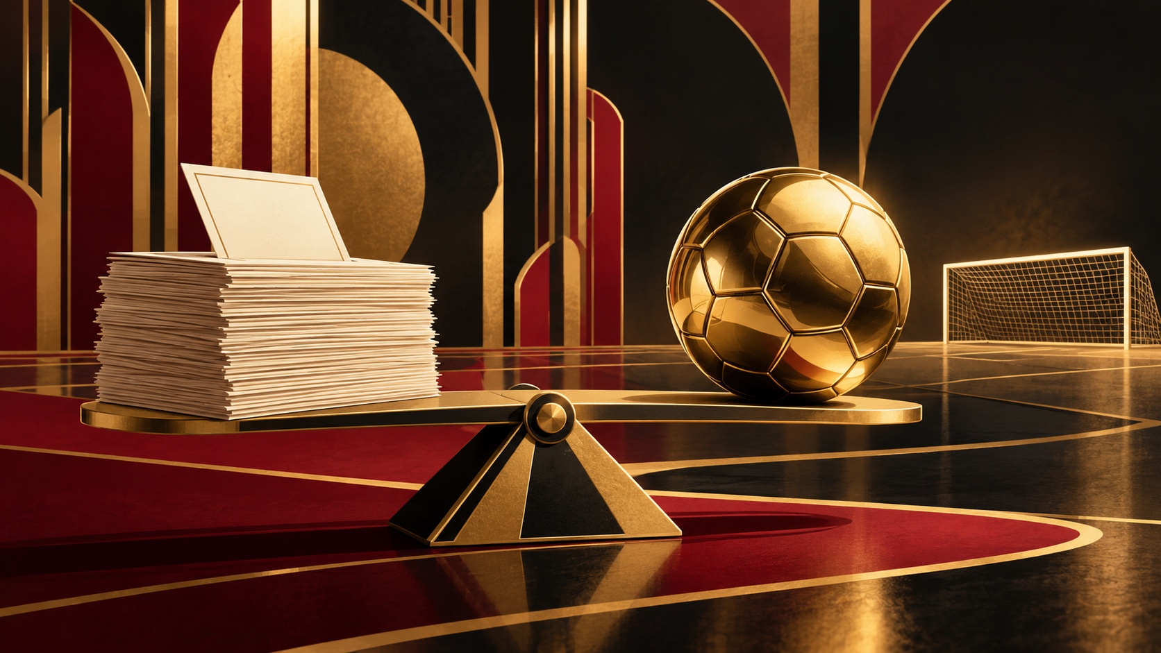 Editorial illustration: A plain golden-colored football balanced against a stack of blank voting cards and a distant simple goal net, award evaluation with no official trophy replica; not a photograph.