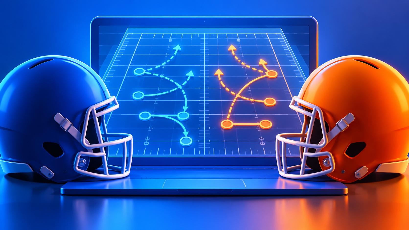 Editorial illustration: Two plain American football helmets facing a translucent simulated field inside a laptop-shaped paper frame, branching possible play paths with no score or team marks; not a photograph.