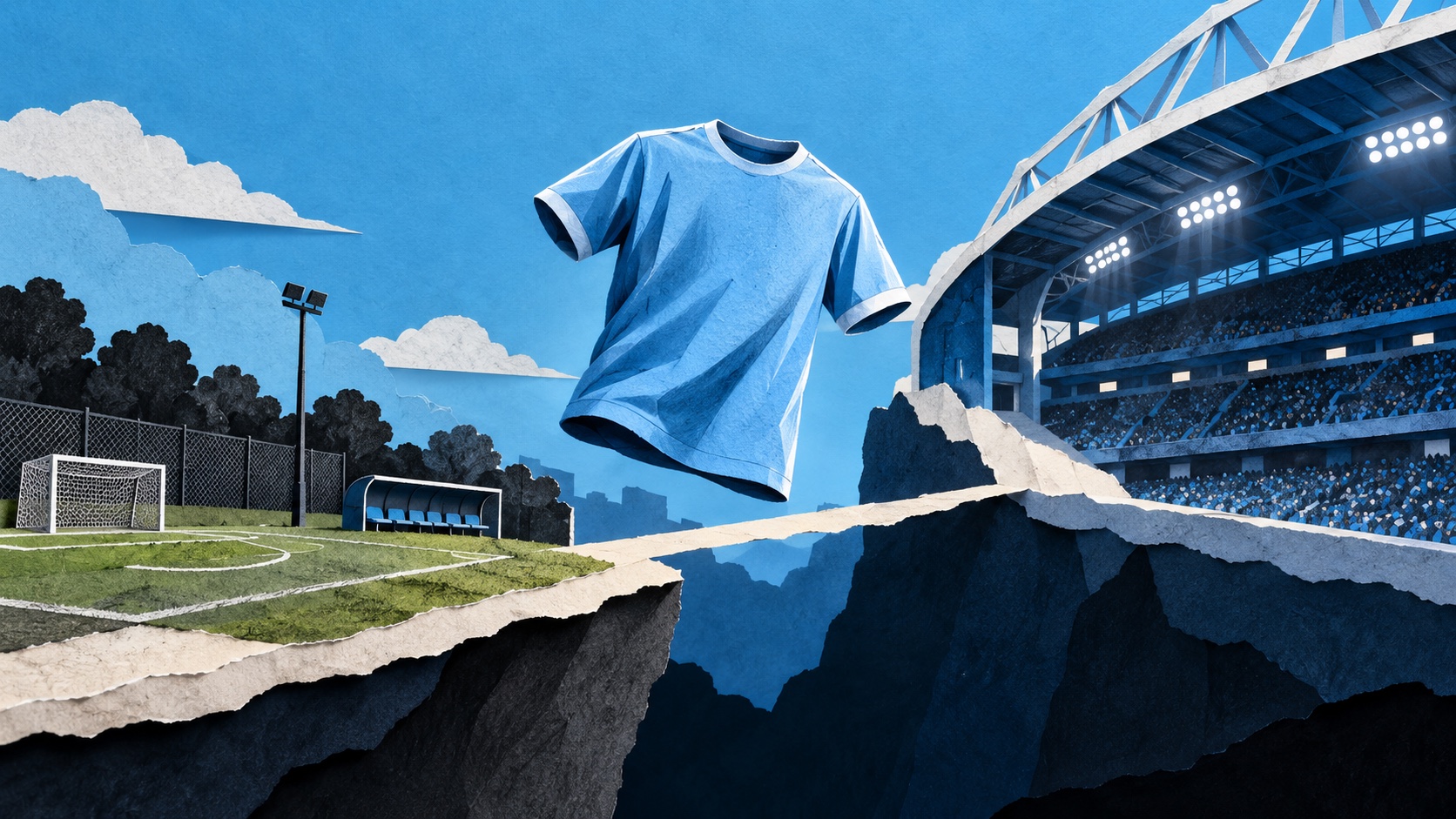 Editorial illustration: A plain sky-blue football shirt suspended between a small training pitch and a larger stadium represented by overlapping paper stages; not a photograph.