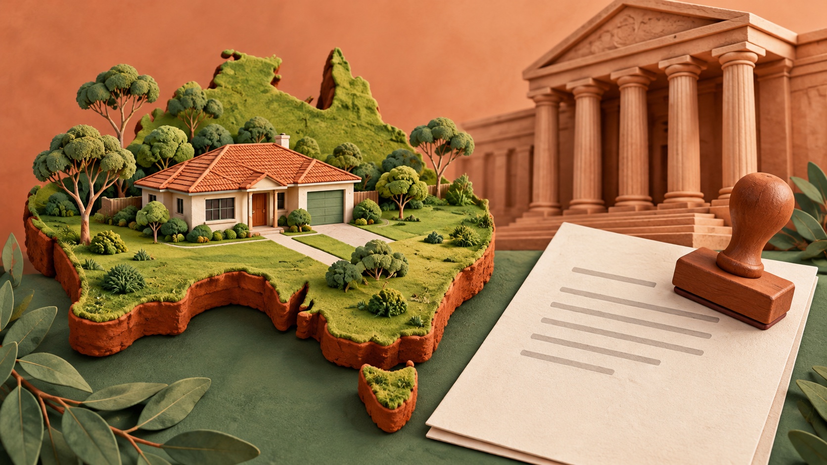 Editorial illustration: foreign investor land penalty; conceptual artwork, not an event photograph or official document.