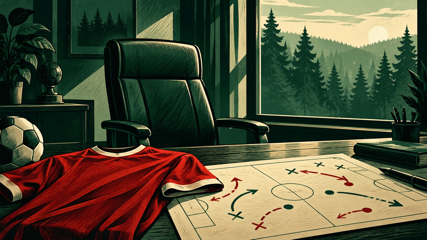 Editorial illustration: An empty office chair beside a red football shirt and separated planning arrows, forest silhouettes through a window, a leadership-decision metaphor; not a photograph.