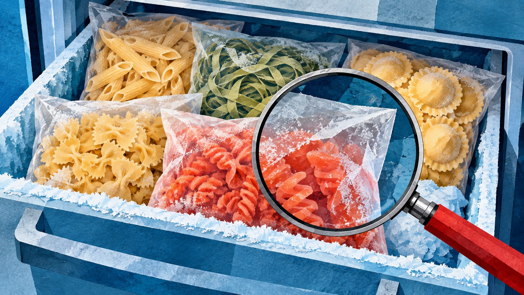 Editorial illustration: frozen pasta recall; a conceptual image, not a photograph of the event or actual people.