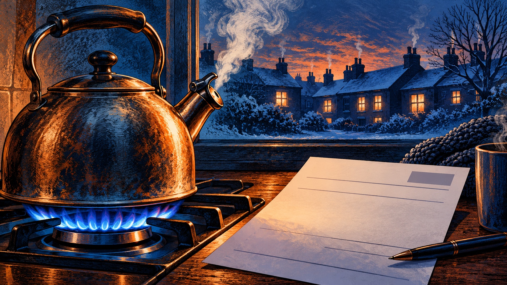 Editorial illustration: A blue gas flame beneath a kettle with a blank household bill and silhouetted winter homes behind; not a photograph.