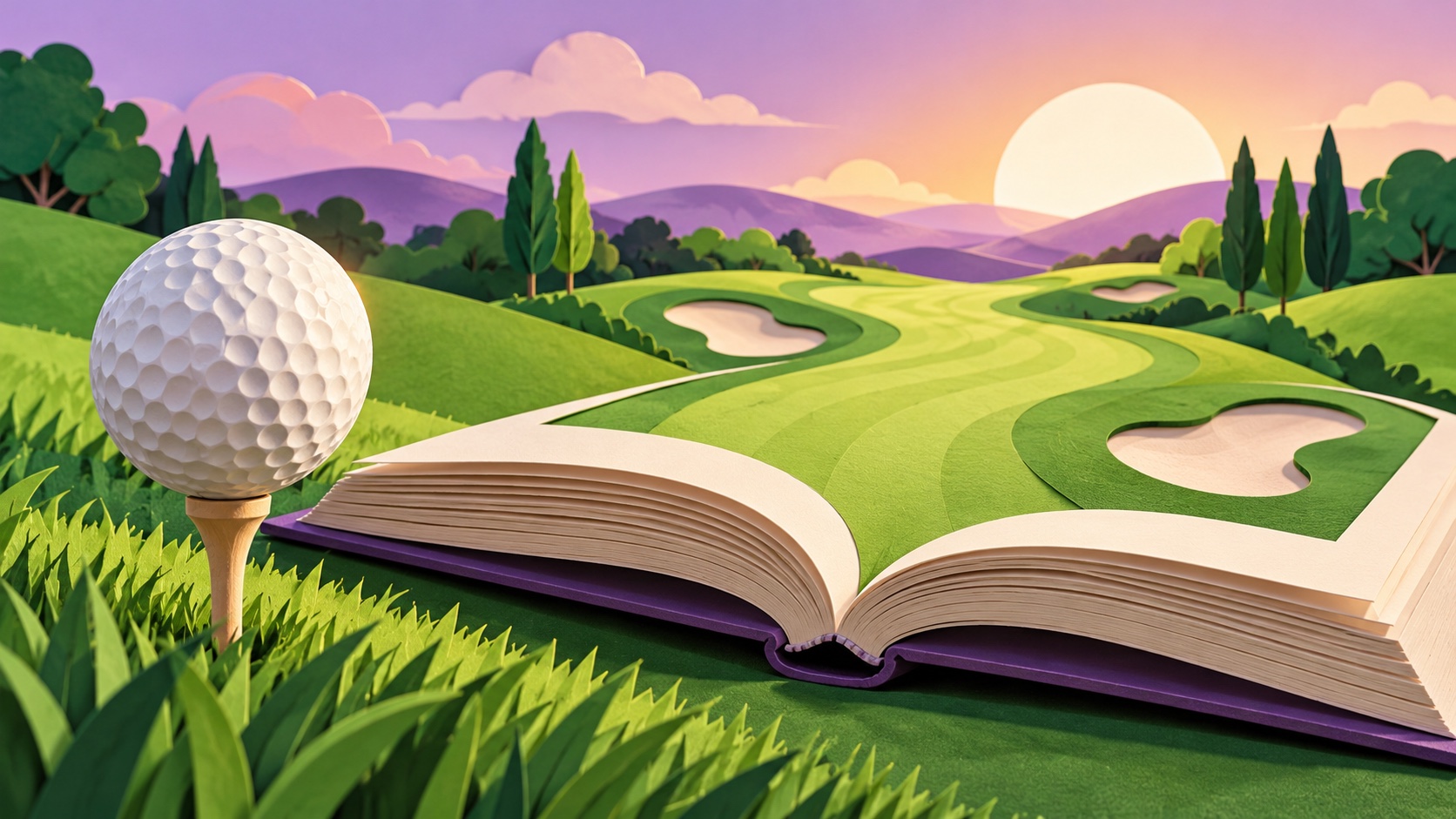 Editorial illustration: An unbranded golf ball on a tee beside an open blank book whose pages form a winding fairway, fresh chapter without an official trophy or logo; not a photograph.