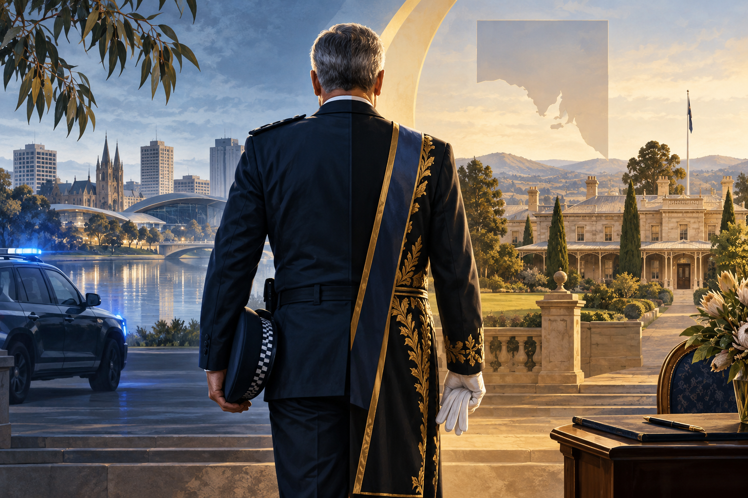 Editorial illustration of a fictional figure seen from behind transitioning between policing and a ceremonial office in South Australia; not Grant Stevens or an event photograph.