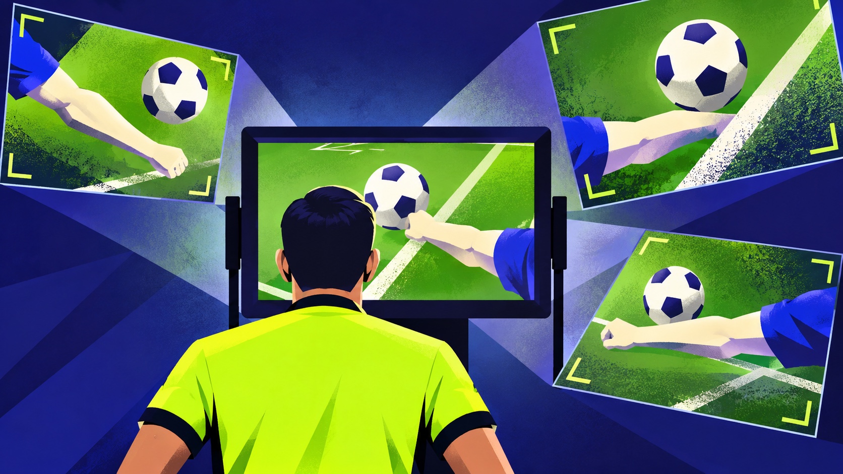 Editorial illustration: An abstract football and flat paper forearm seen from three different camera-shaped frames around a referee screen; not a photograph.