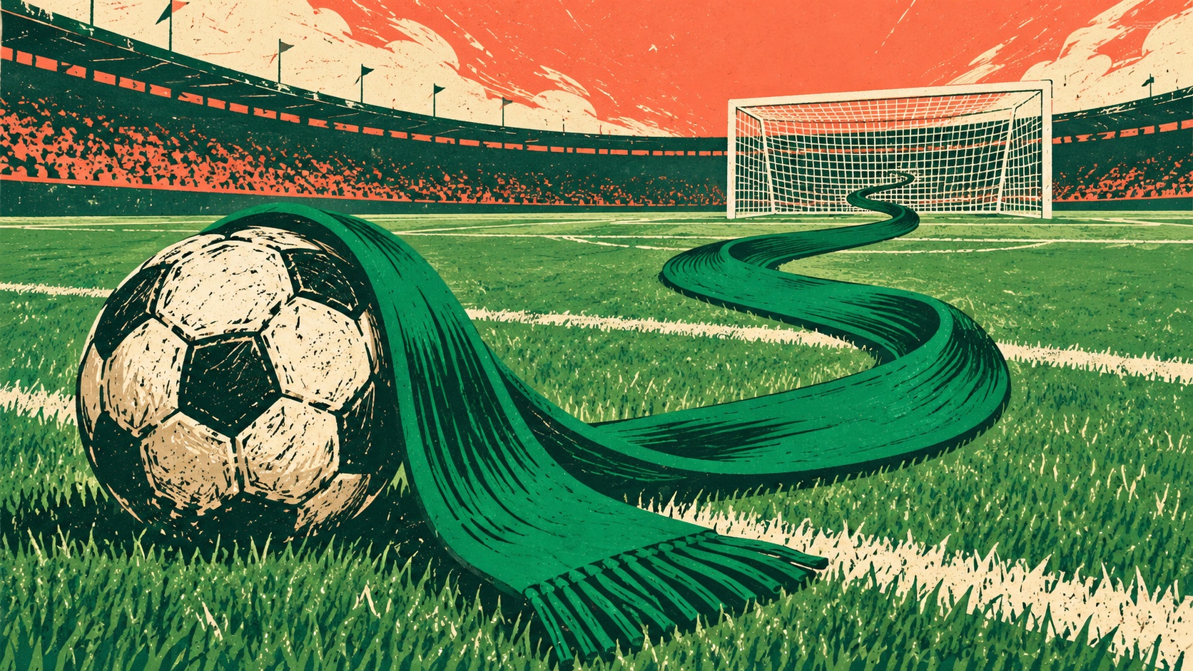 Editorial illustration: A plain emerald football scarf curls from a fallen match ball into an upward path toward an empty goal; not a photograph.