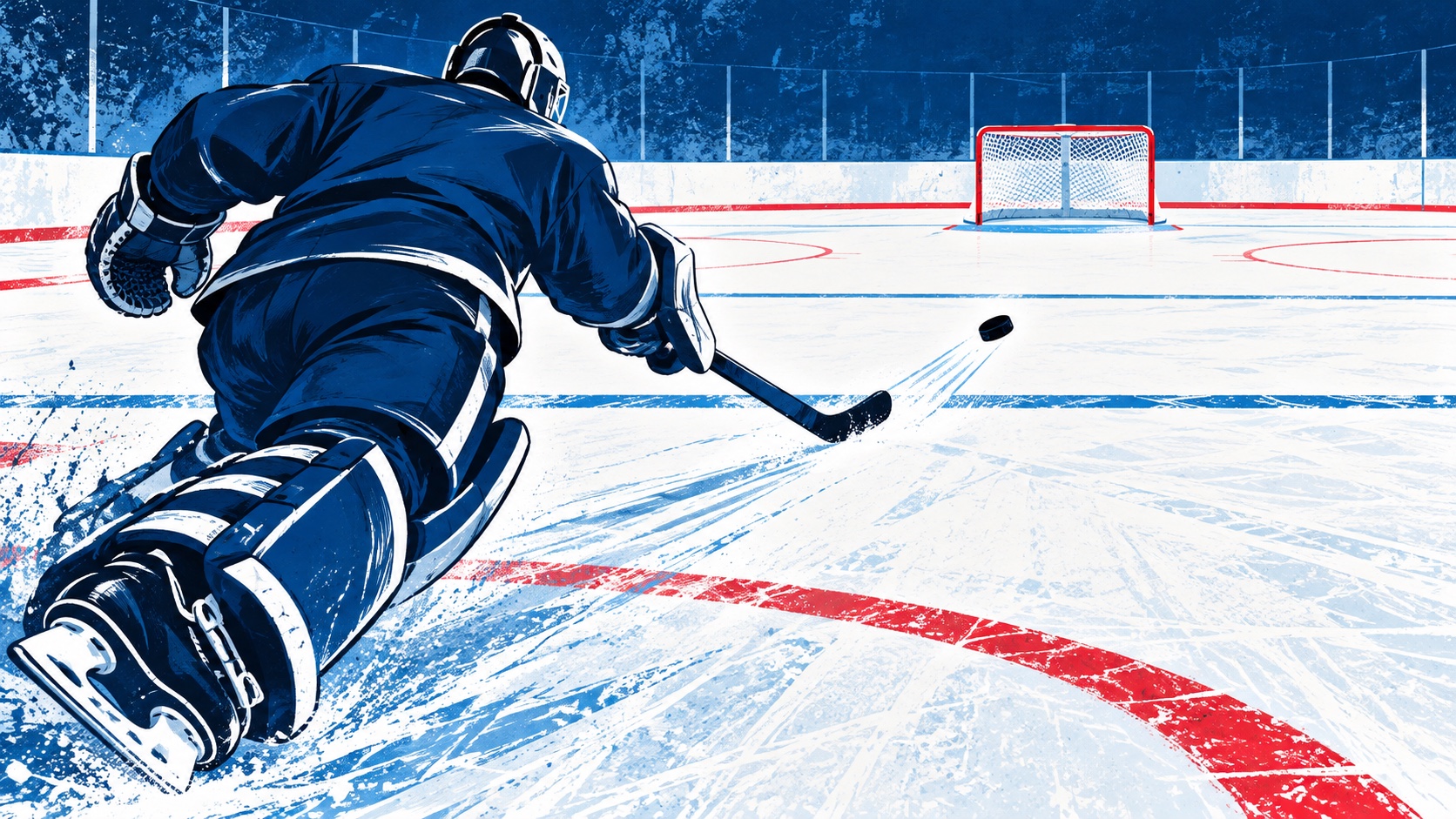 Editorial illustration: hockey goalie goal; a conceptual image, not a photograph of the event or actual people.