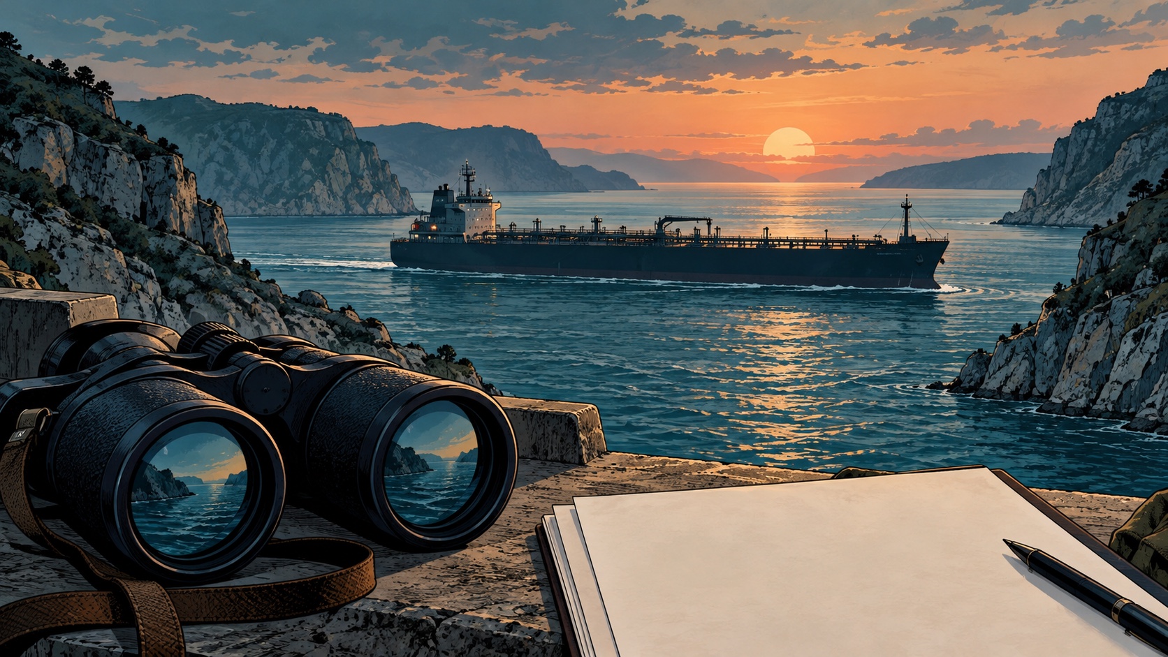 Editorial illustration: hormuz tanker questions; conceptual artwork, not an event photograph or official document.
