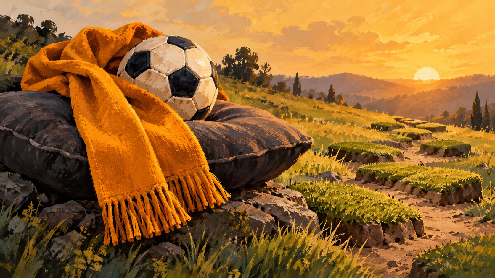 Editorial illustration: A plain amber football scarf and ball resting on a soft cushion above an uneven path of grass patches, an early safety margin not a completed season; not a photograph.