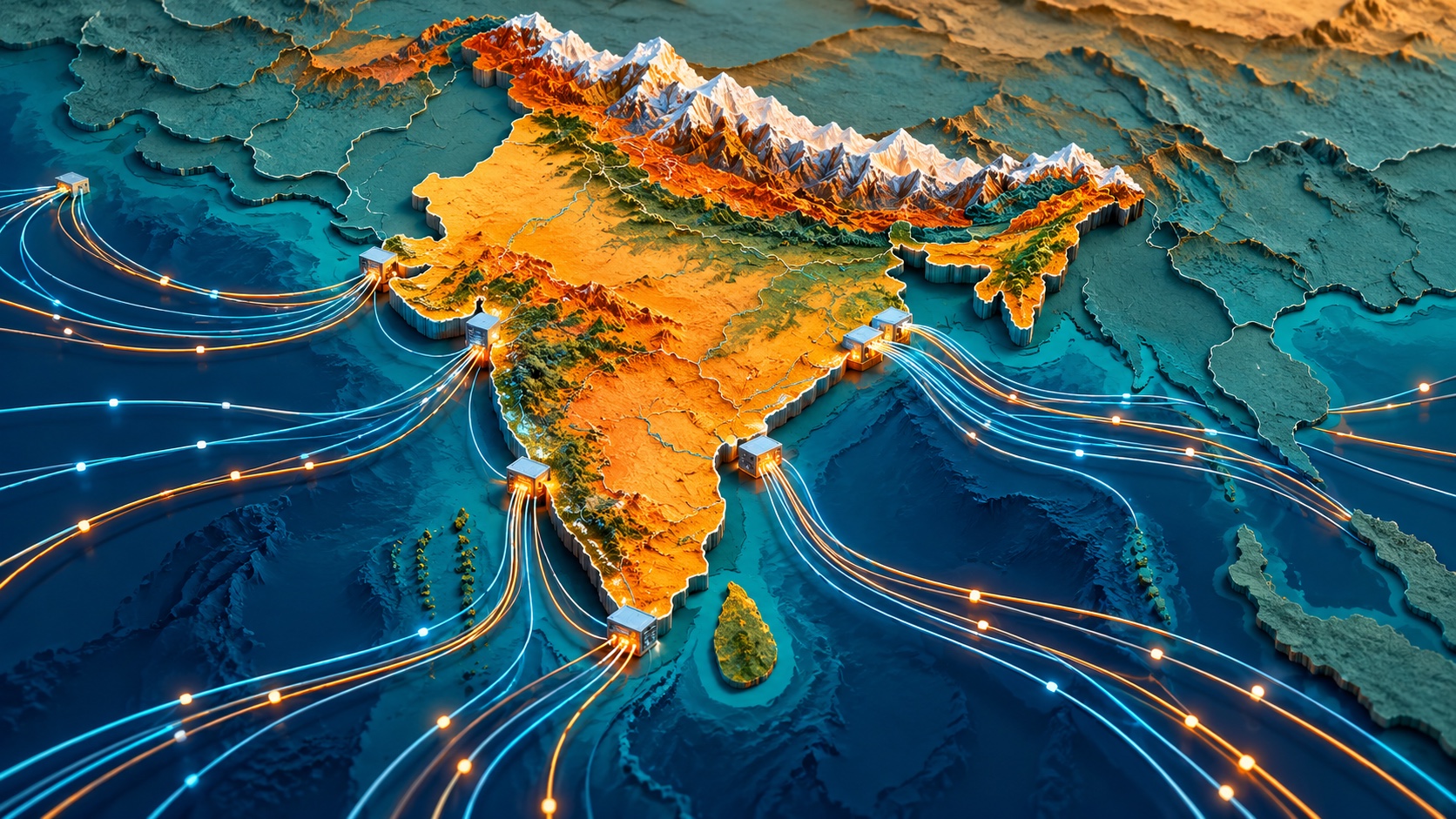 Editorial illustration: A stylized India-shaped land form with mountains, coastlines and several undersea cable routes connected to small router blocks, geographic resilience metaphor; not a photograph.