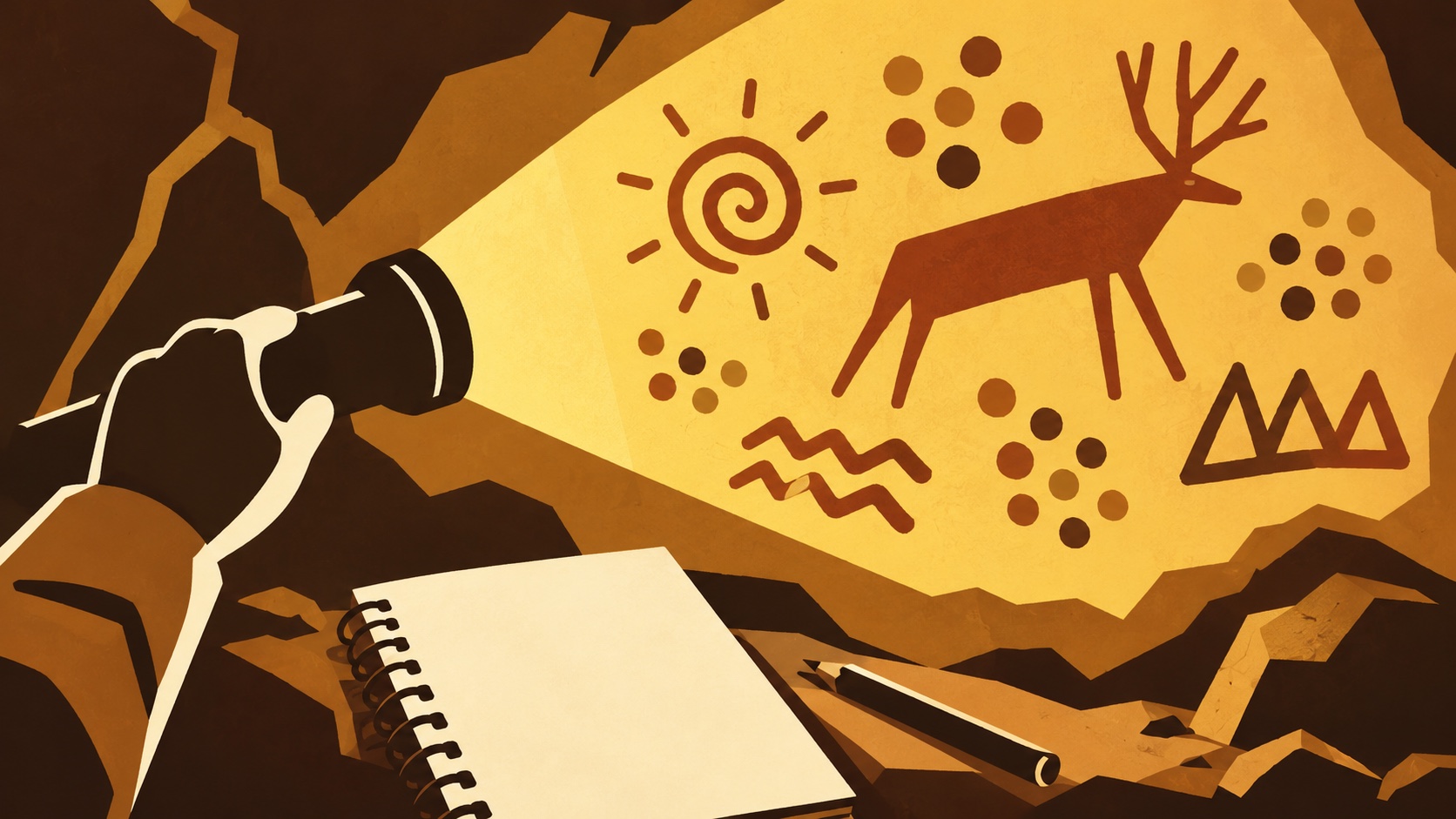 Editorial illustration: A deliberately flat paper-cut cave-wall shape, oversized yellow flashlight beam, blank spiral notebook and clearly imaginary abstract pigment spots, simple drawn shapes and visible cut; not a photograph.
