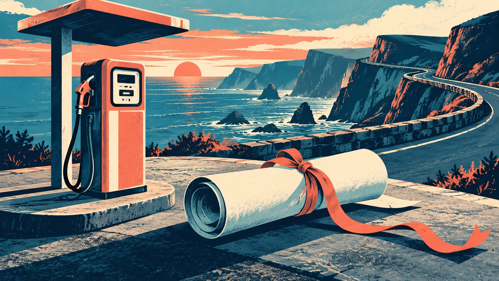 Editorial illustration: A small island fuel pump beside a rolled blank proposal sheet tied with a loose ribbon, winding coast road and sea cliffs beyond, a careful policy withdrawal metaphor; not a photograph.