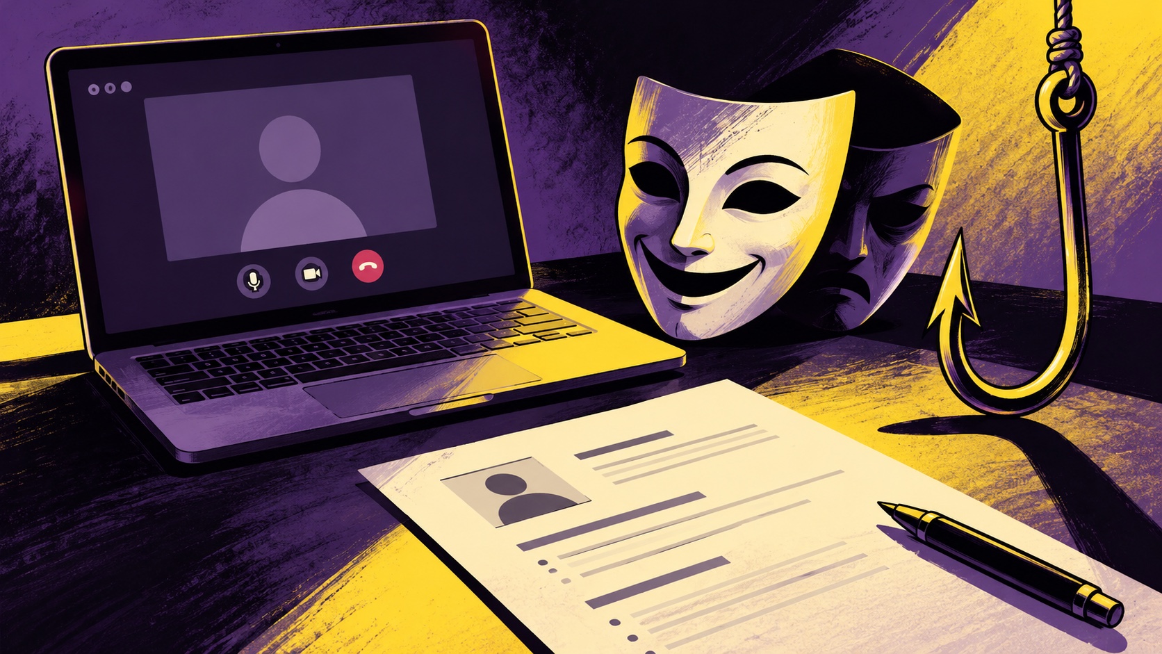 Editorial illustration: An empty laptop interview window and blank CV beside a theatrical mask and oversized phishing hook; not a photograph.