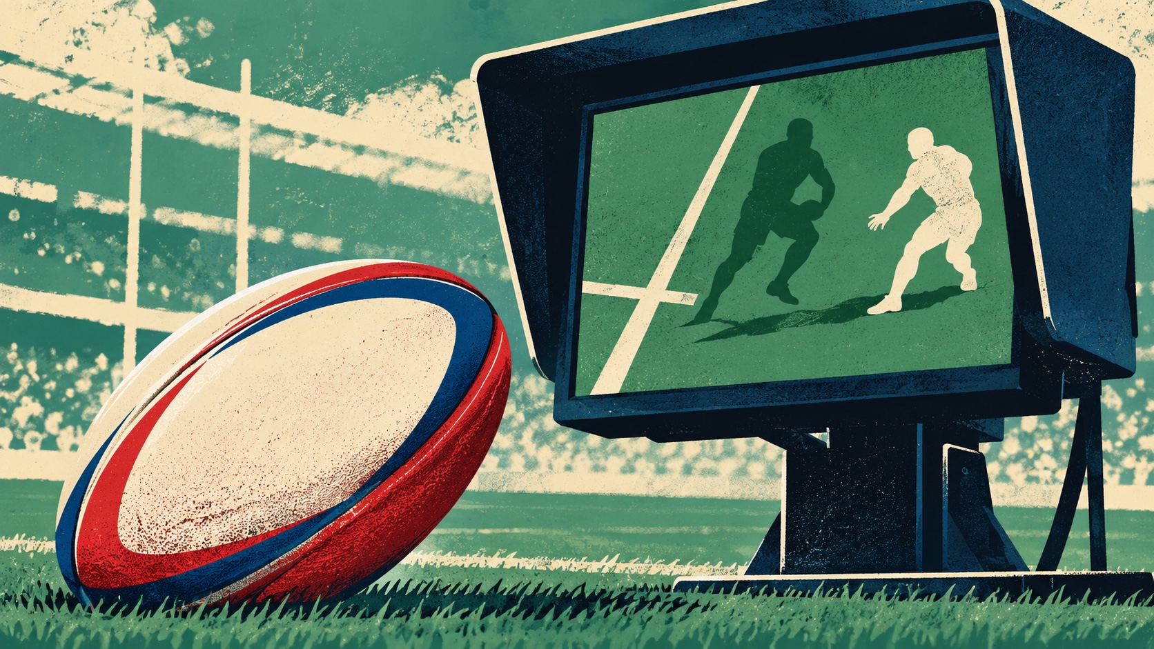 Editorial illustration: A blank red-blue oval rugby ball beside a replay monitor containing only an abstract field line and two green-white paper silhouettes; not a photograph.